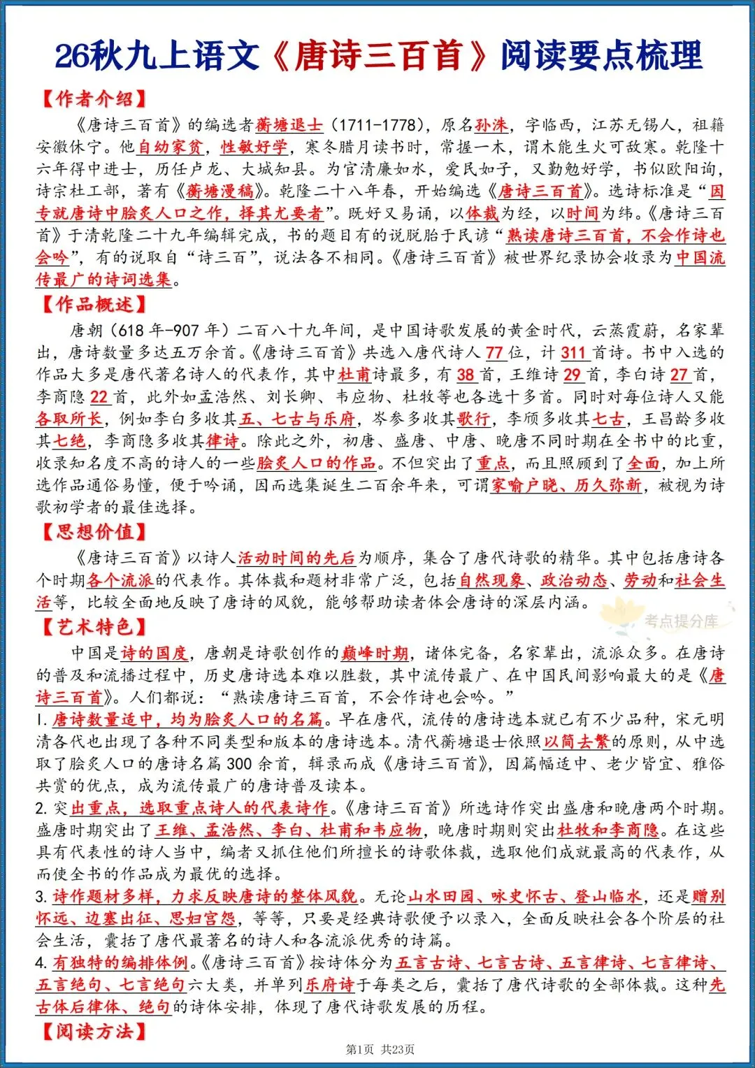 26秋初三 九级上册语文《唐诗三百首》 重要知识点梳理 (详细版) 共23页 可打印-第1张图片-四季读书网 26秋初三 九级上册语文《唐诗三百首》 重要知识点梳理 (详细版) 共23页 可打印-第1张图片-四季读书网