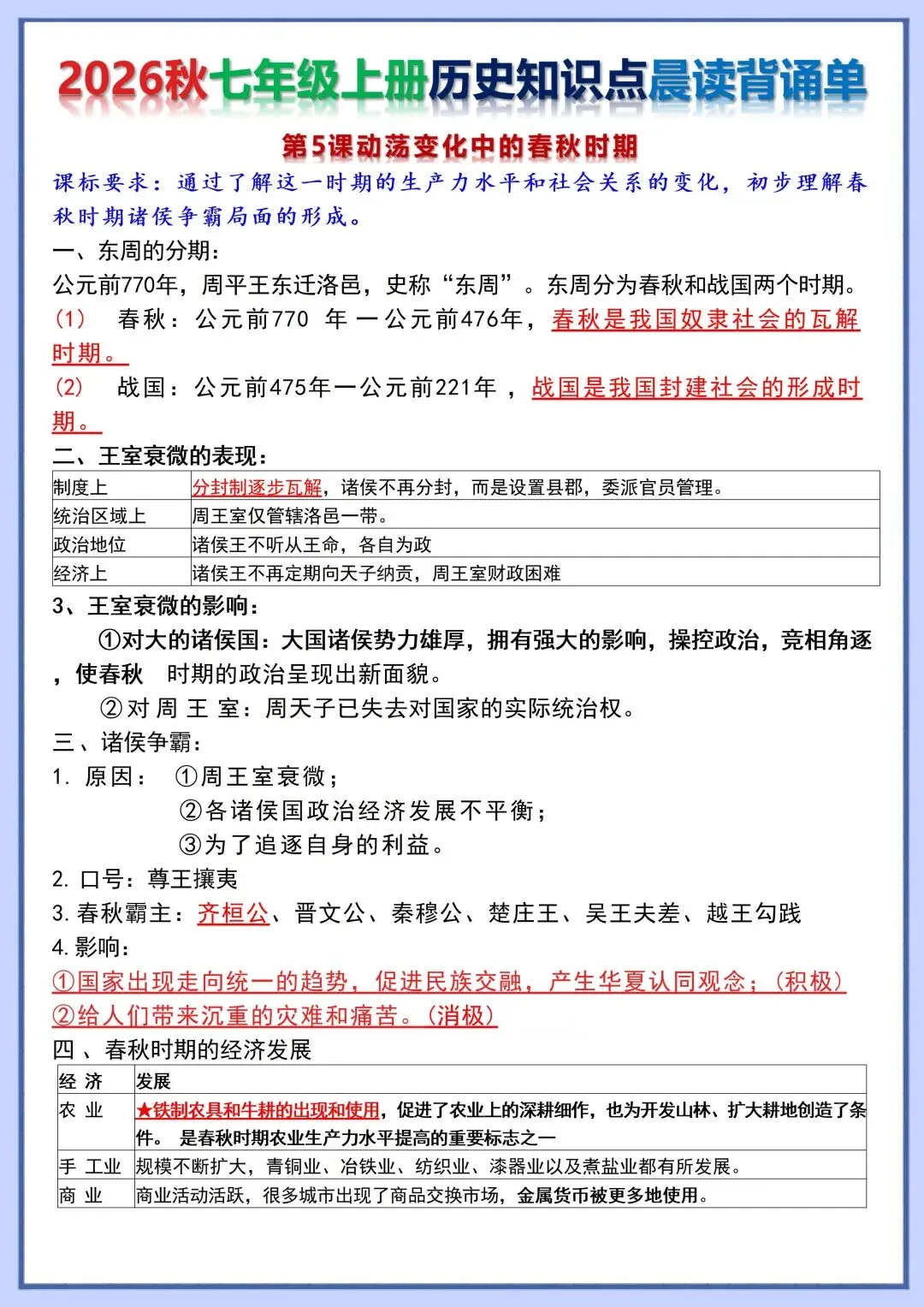 初一新版教材 2026 七上历史知识点晨读背诵单+时间轴,可打印版本!-第4张图片-四季读书网