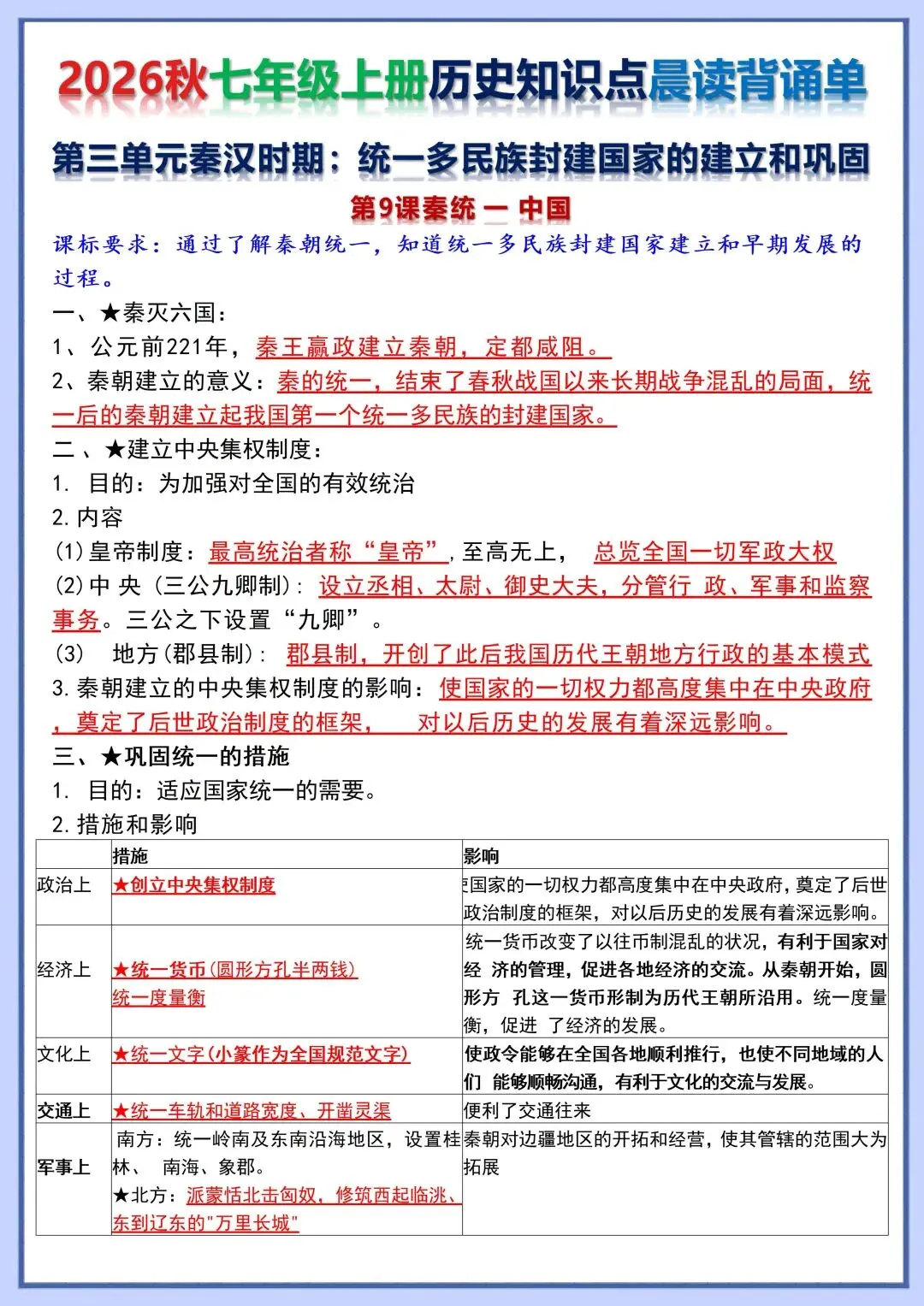 初一新版教材 2026 七上历史知识点晨读背诵单+时间轴,可打印版本!-第8张图片-四季读书网