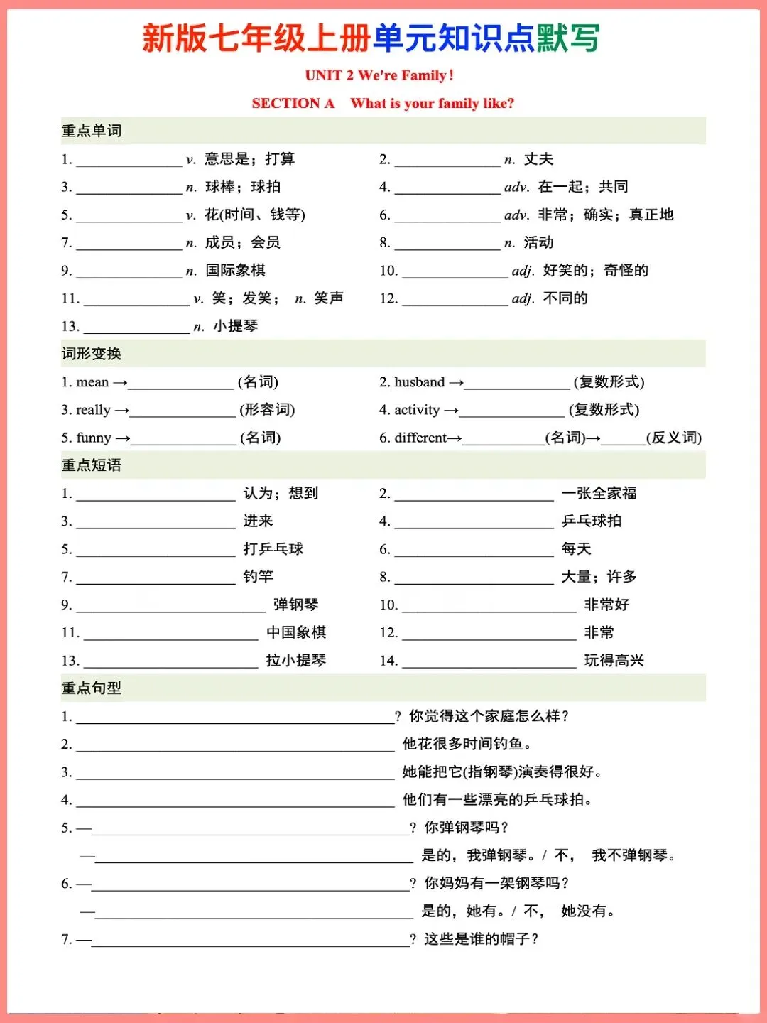 初一 2026 人教版七年级上册英语单元核心知识背诵和默写梳理汇总,电子版可打印!-第7张图片-四季读书网 初一 2026 人教版七年级上册英语单元核心知识背诵和默写梳理汇总,电子版可打印!-第7张图片-四季读书网
