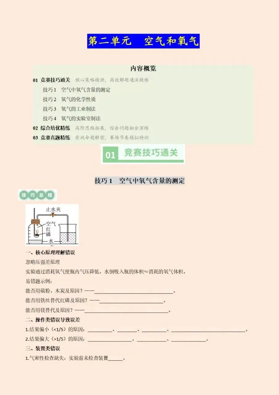 2026年秋人教版初三九年级上册化学第二单元(空气和氧气)培优竞赛专项训练(含答案解析)电子版可下载打印-第2张图片-四季读书网 2026年秋人教版初三九年级上册化学第二单元(空气和氧气)培优竞赛专项训练(含答案解析)电子版可下载打印-第2张图片-四季读书网