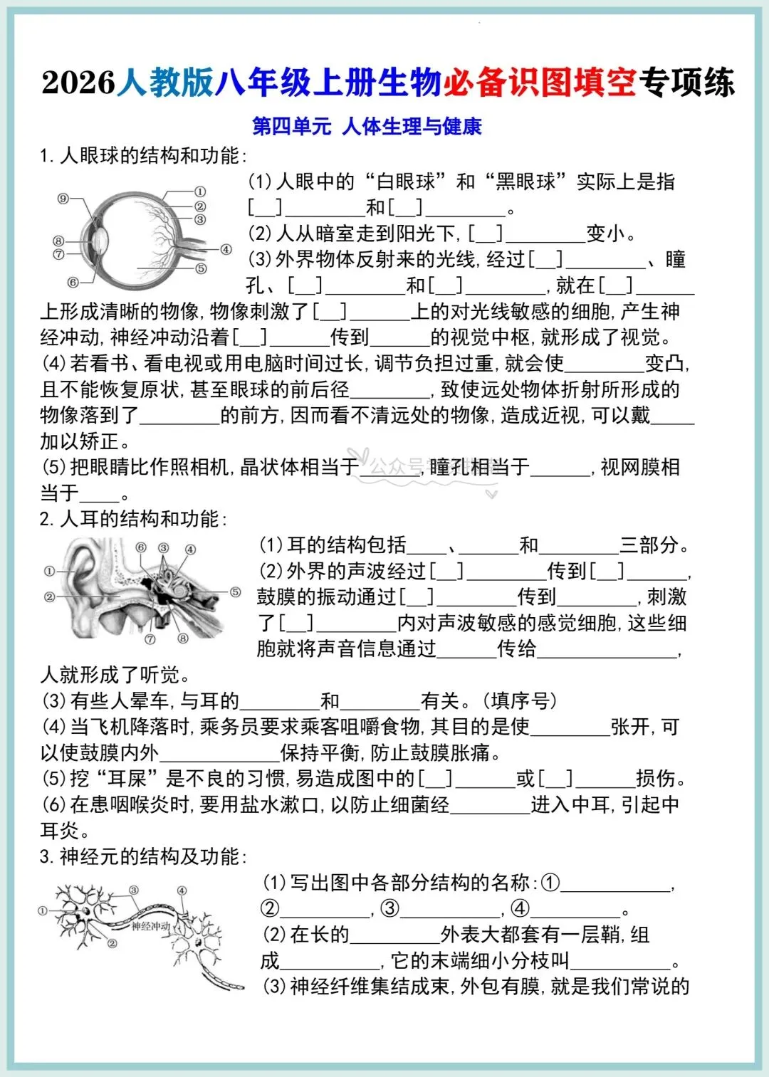 初二生物|2026年人教版八上生物必备试图填空专题训练+答案-第2张图片-四季读书网