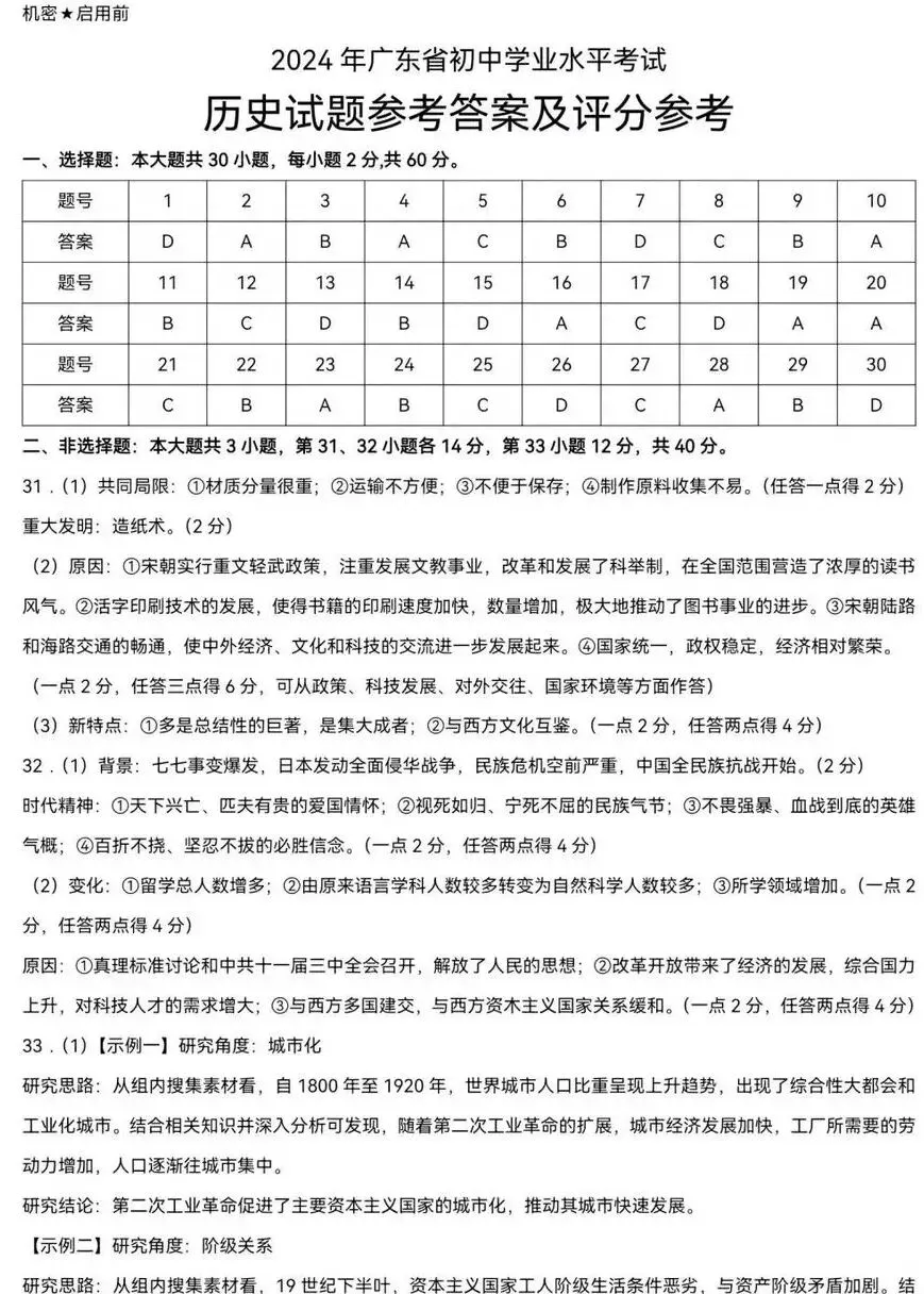 广东省历史中考试题及答案2024.6考考历史解释时空观念等素养-第9张图片-四季读书网