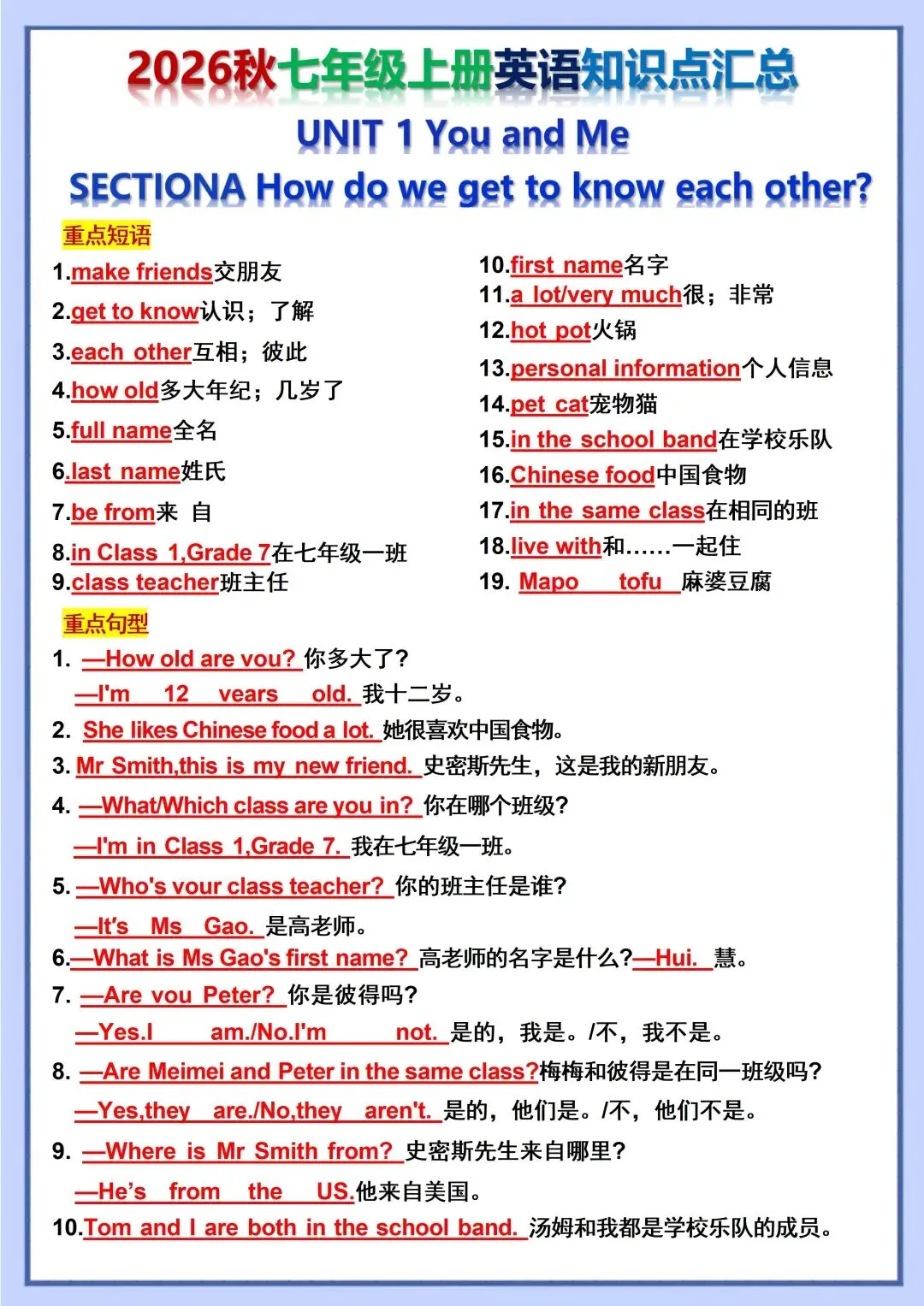 初一新版 2026 七上英语重点短语句子+写作范文背诵版和默写版汇总,可打印版!-第2张图片-四季读书网