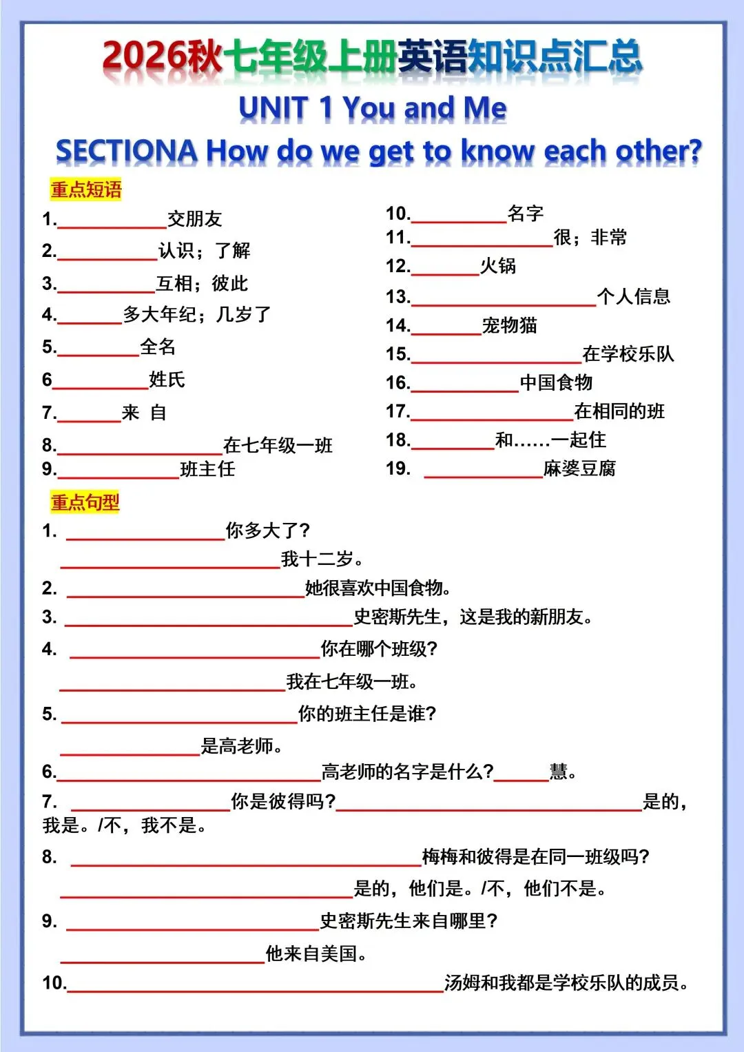 初一新版 2026 七上英语重点短语句子+写作范文背诵版和默写版汇总,可打印版!-第10张图片-四季读书网