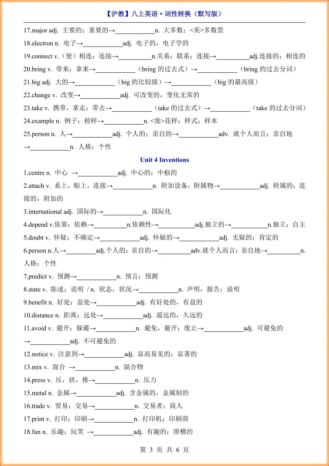 初二英语|2026新(沪教版)八年级上册英语词性转换(背诵版+默写版),电子版可打印!-第3张图片-四季读书网 初二英语|2026新(沪教版)八年级上册英语词性转换(背诵版+默写版),电子版可打印!-第3张图片-四季读书网
