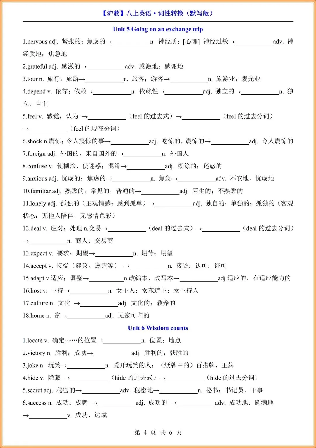 初二英语|2026新(沪教版)八年级上册英语词性转换(背诵版+默写版),电子版可打印!-第4张图片-四季读书网 初二英语|2026新(沪教版)八年级上册英语词性转换(背诵版+默写版),电子版可打印!-第4张图片-四季读书网