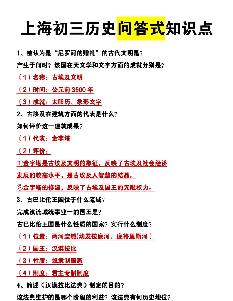 上海初三历史——问答式知识点汇总(可打印)-第1张图片-四季读书网