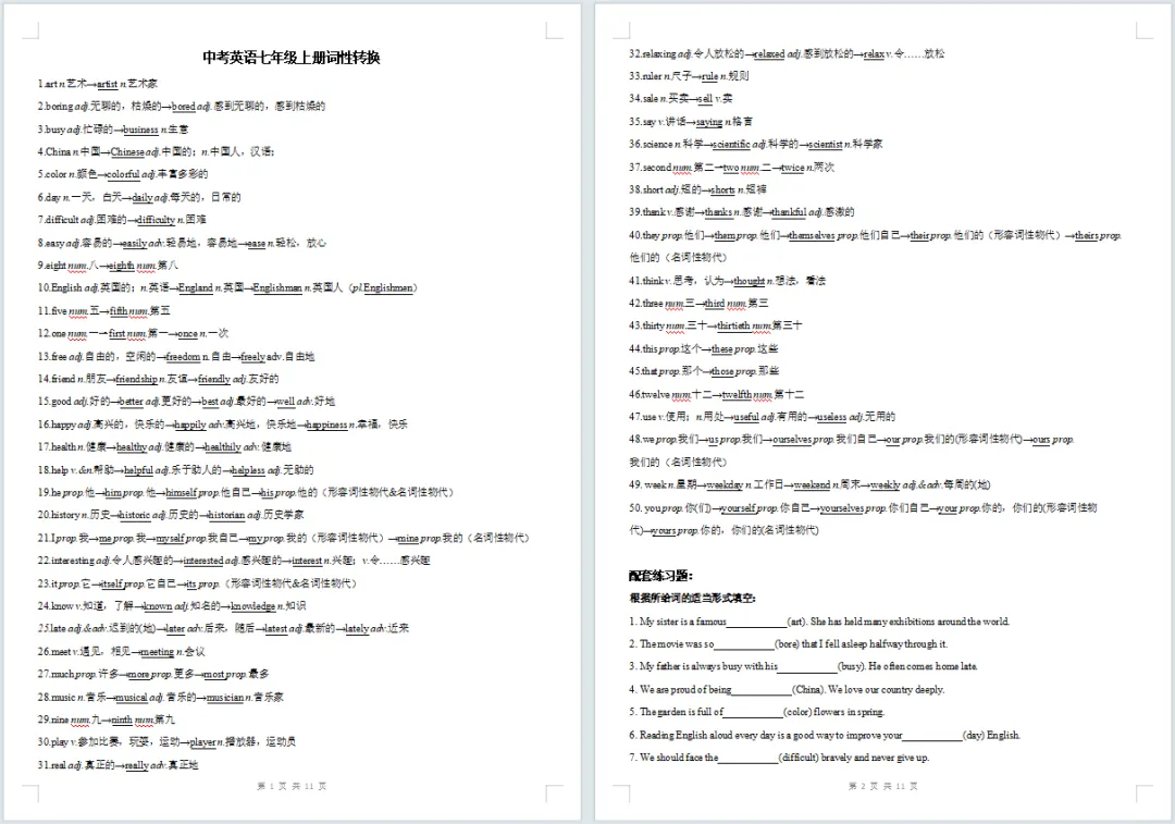 中考英语词性转换归纳+专题练习,打印吃透,考试不丢分~-第1张图片-四季读书网