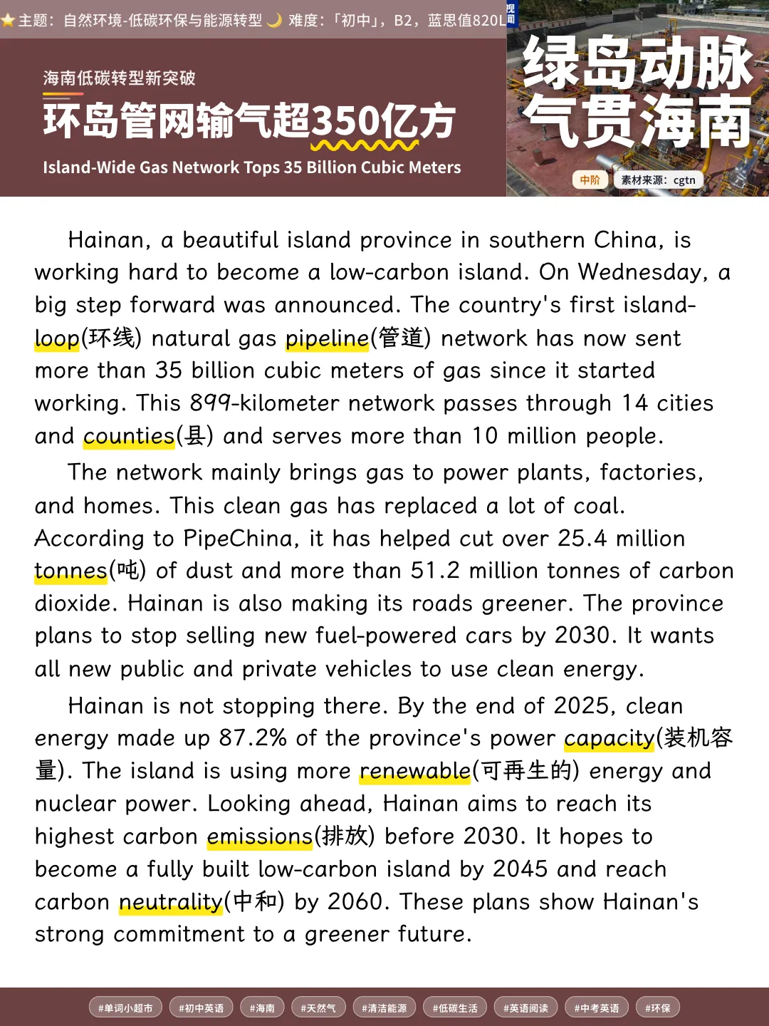 中考同源阅读|海南低碳转型铺设环岛管道,这篇难词都标好了,提高班想拉开分可加一道词义猜测.-第6张图片-四季读书网
