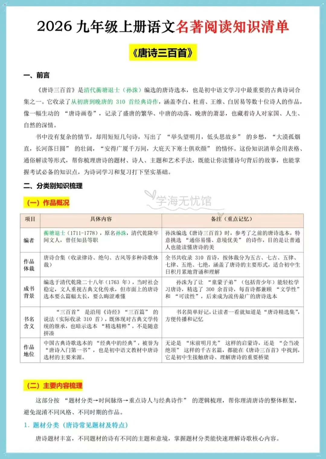 初三语文|2026秋九年级上册语文必读名著《唐诗三百首》知识清单梳理!-第3张图片-四季读书网