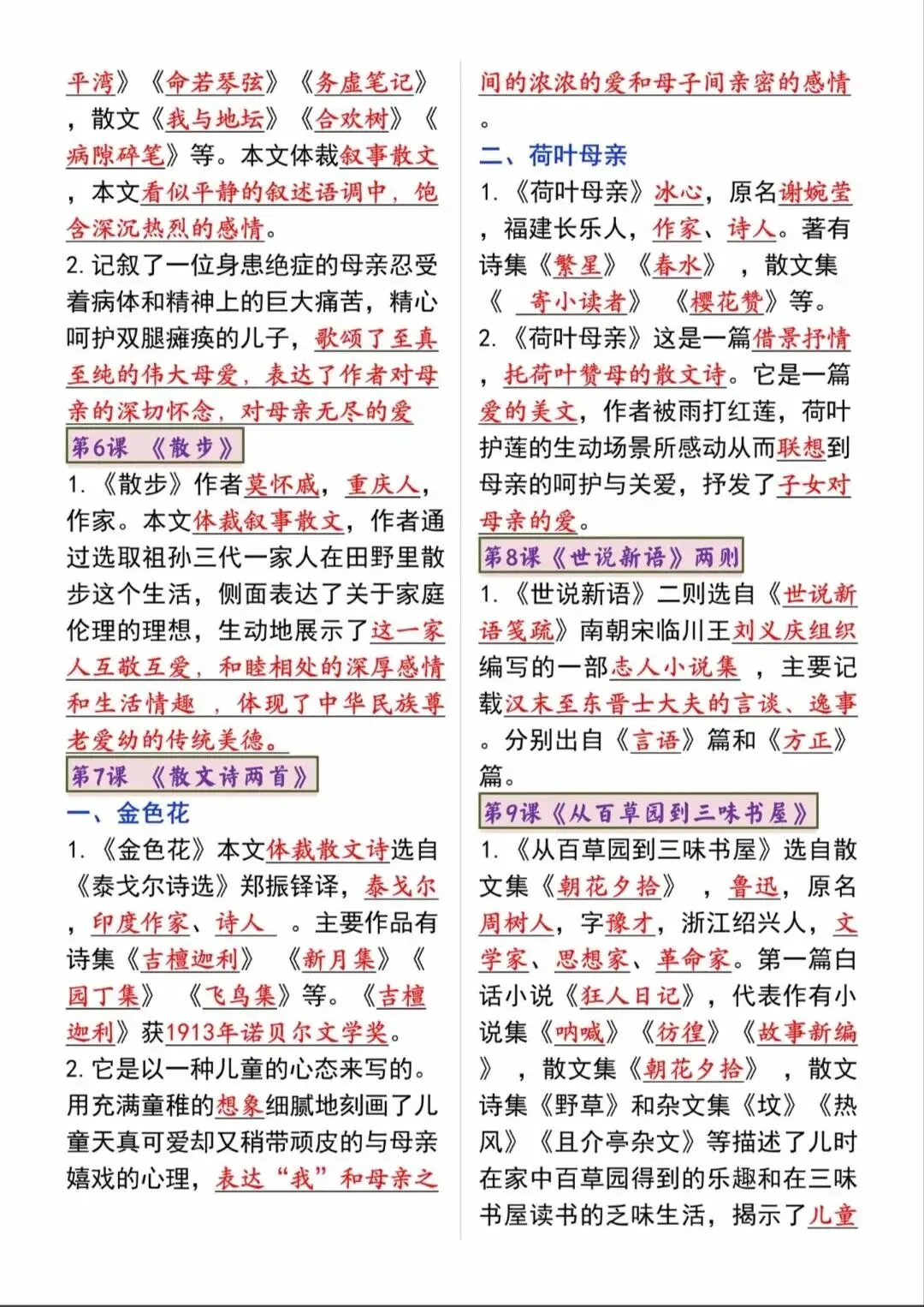 初一新版 2026 七上语文课本必考重点知识点总结,可打印版!-第2张图片-四季读书网