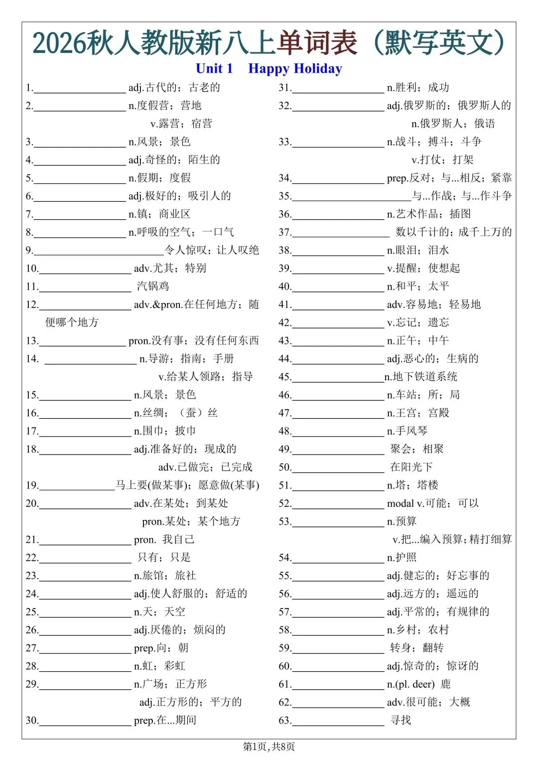 2026年新人教版初二八年级上册英语单词表默写单(背诵版带音标+英汉互译默写表)可打印-第11张图片-四季读书网 2026年新人教版初二八年级上册英语单词表默写单(背诵版带音标+英汉互译默写表)可打印-第11张图片-四季读书网