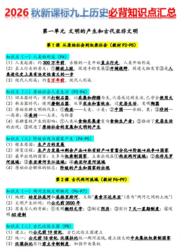 2026秋 中考历史知识点总结 核心考点-第1张图片-四季读书网