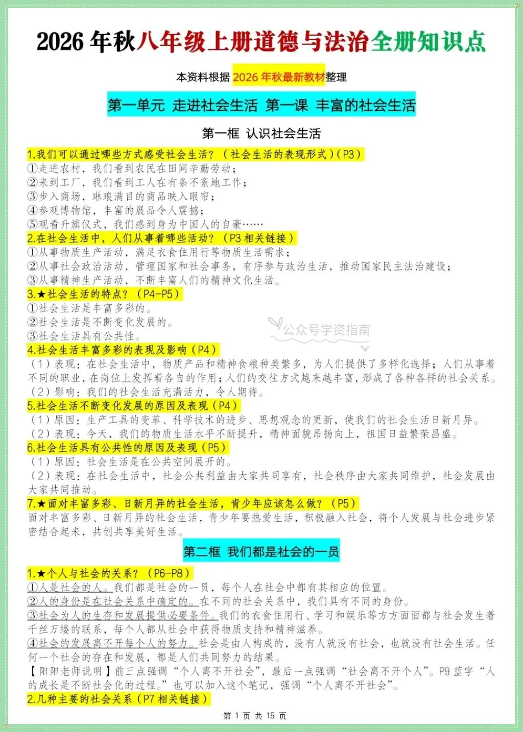 初二道法|2026年学年八上道法全册重点知识点汇总含页码标记!-第3张图片-四季读书网