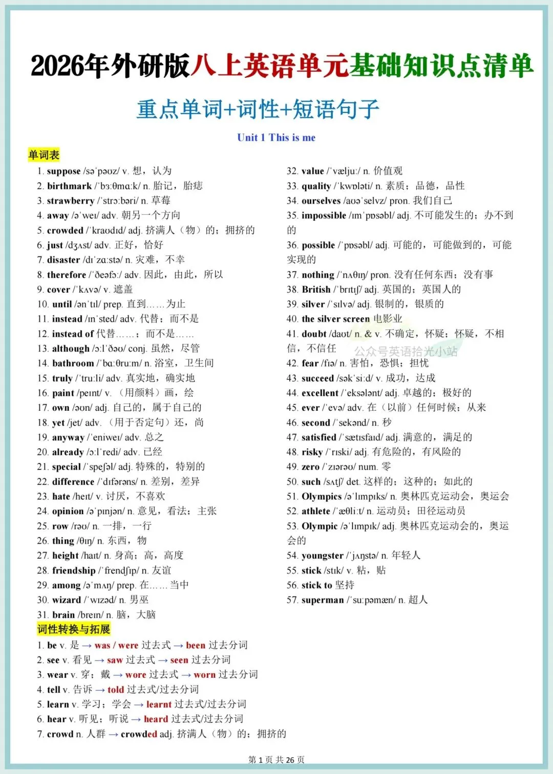 初二英语|2026(外研版)八上英语全册基础知识背诵+默写(重点单词+词性+短语句子)-第2张图片-四季读书网