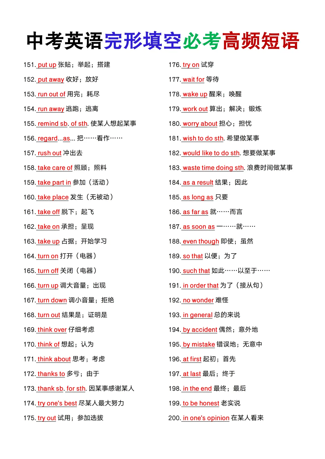 中考英语完形填空必考高频短语200组,背熟吃透考试就像抄答案!-第6张图片-四季读书网
