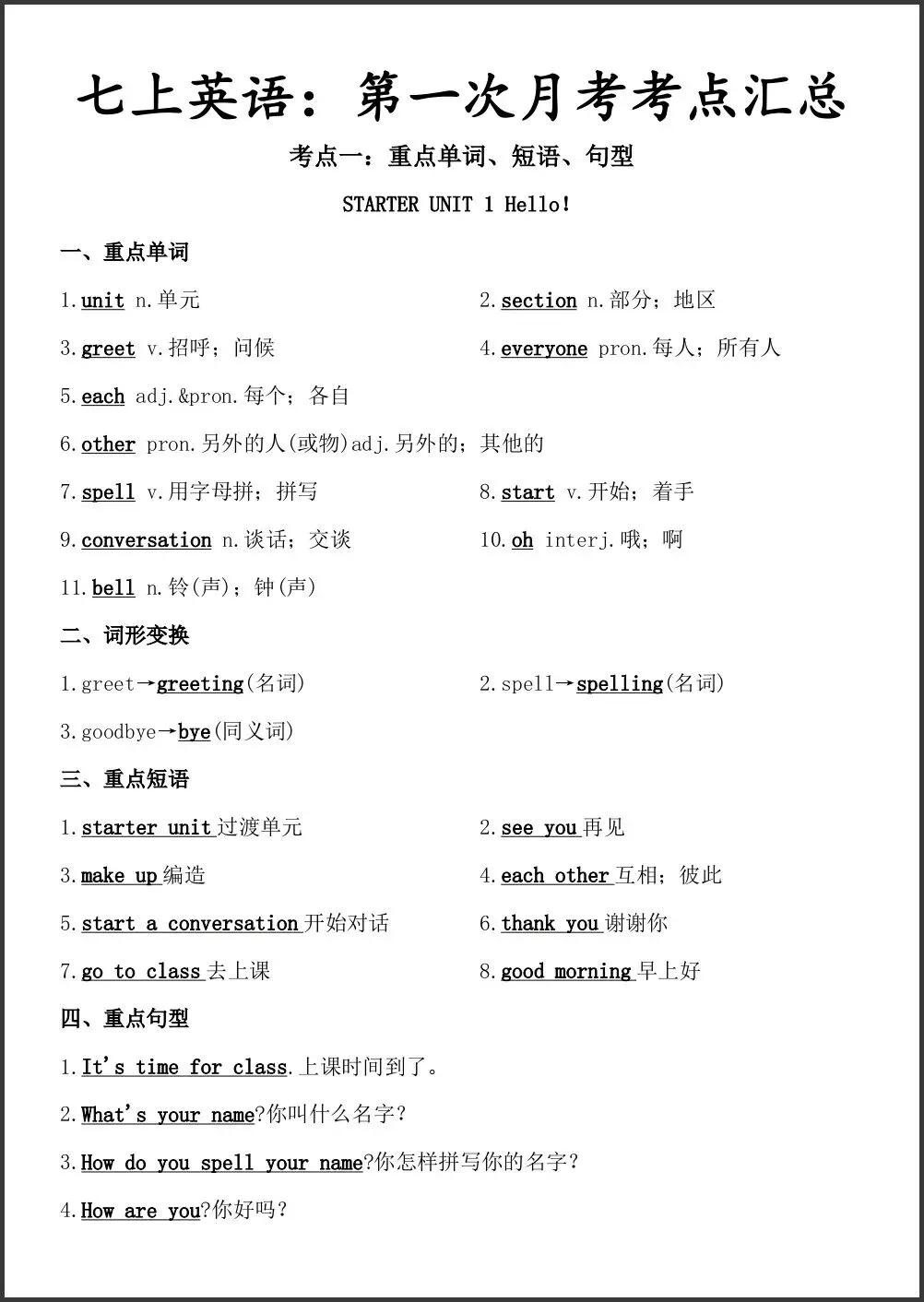 初一新版 2026 七上英语月考复习必背考点汇总,可打印版!-第1张图片-四季读书网 初一新版 2026 七上英语月考复习必背考点汇总,可打印版!-第1张图片-四季读书网