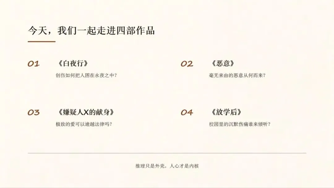 初三语文课堂阅读分享:于迷雾之中,看见人性的光与影 —— 东野圭吾四部经典作品中的人性思考-第2张图片-四季读书网