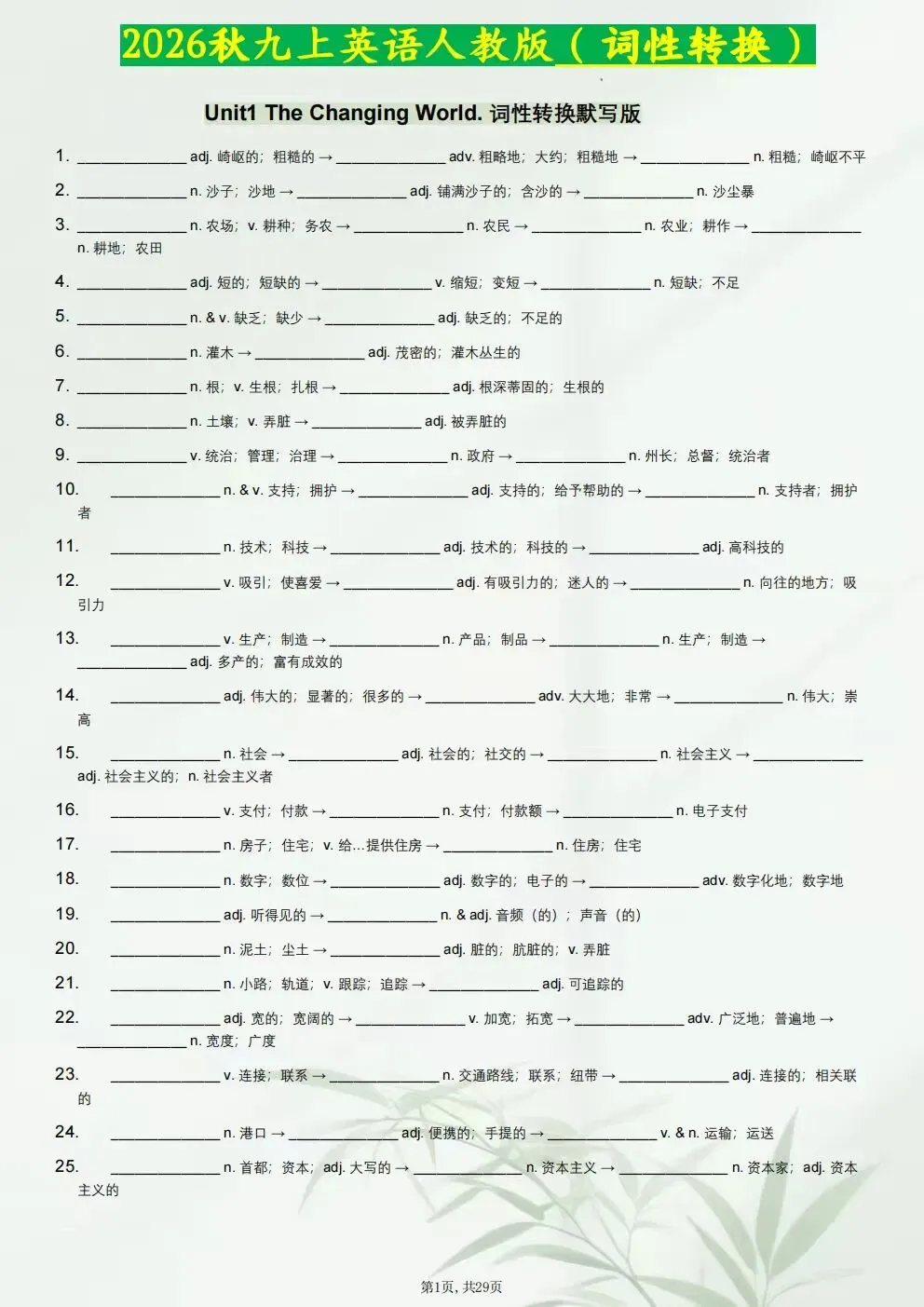 2026-2027学年初三九年级上册英语(新版)词性转化知识点总结+词性转化分层练习(电子版可下载打印)-第2张图片-四季读书网 2026-2027学年初三九年级上册英语(新版)词性转化知识点总结+词性转化分层练习(电子版可下载打印)-第2张图片-四季读书网