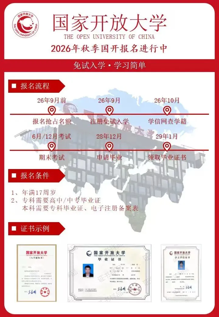 免成人高考!国家开放大学2026年秋季招生简章-第2张图片-四季读书网
