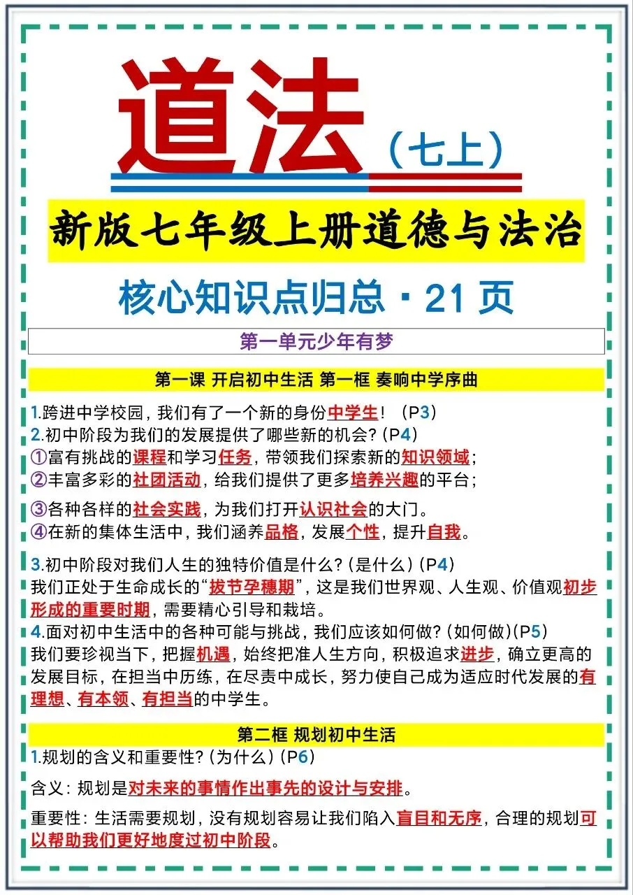 初一新版 2026 七上道法课本考点知识归纳必背提纲,可打印版!-第1张图片-四季读书网 初一新版 2026 七上道法课本考点知识归纳必背提纲,可打印版!-第1张图片-四季读书网