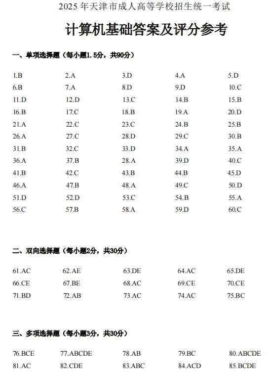2025年天津市成人高考高起专一计算机卷(答案及解析)-第2张图片-四季读书网
