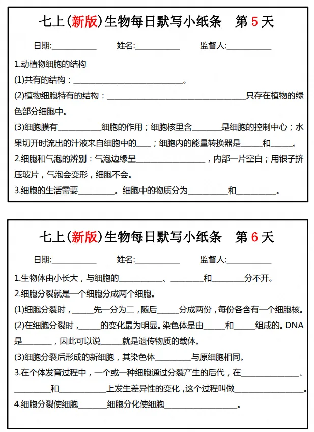 初一|七年级上册生物《新版重点知识点每日默写纸条》,可打印-第2张图片-四季读书网 初一|七年级上册生物《新版重点知识点每日默写纸条》,可打印-第2张图片-四季读书网