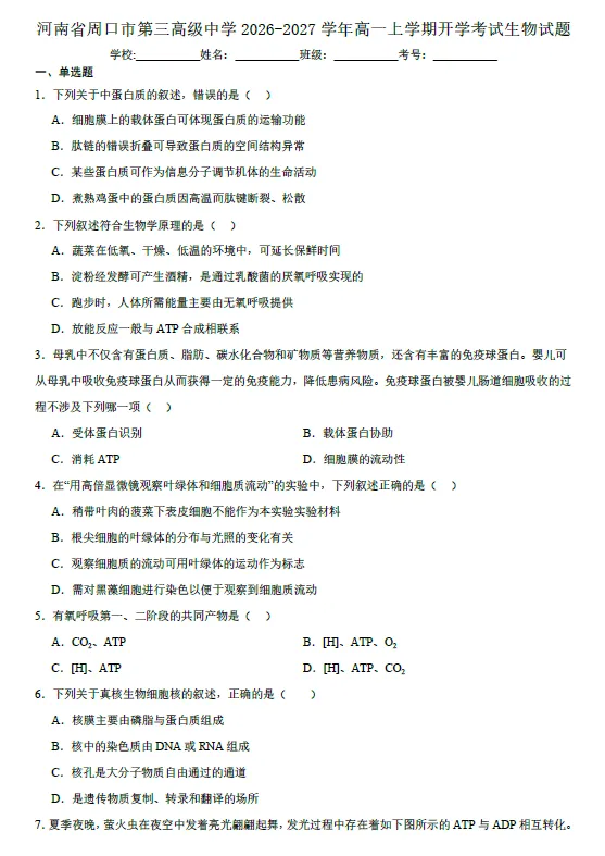 【高一试卷】河南周口市第三高级中学2026-2027学年高一上学期开学考试-第3张图片-四季读书网 【高一试卷】河南周口市第三高级中学2026-2027学年高一上学期开学考试-第3张图片-四季读书网