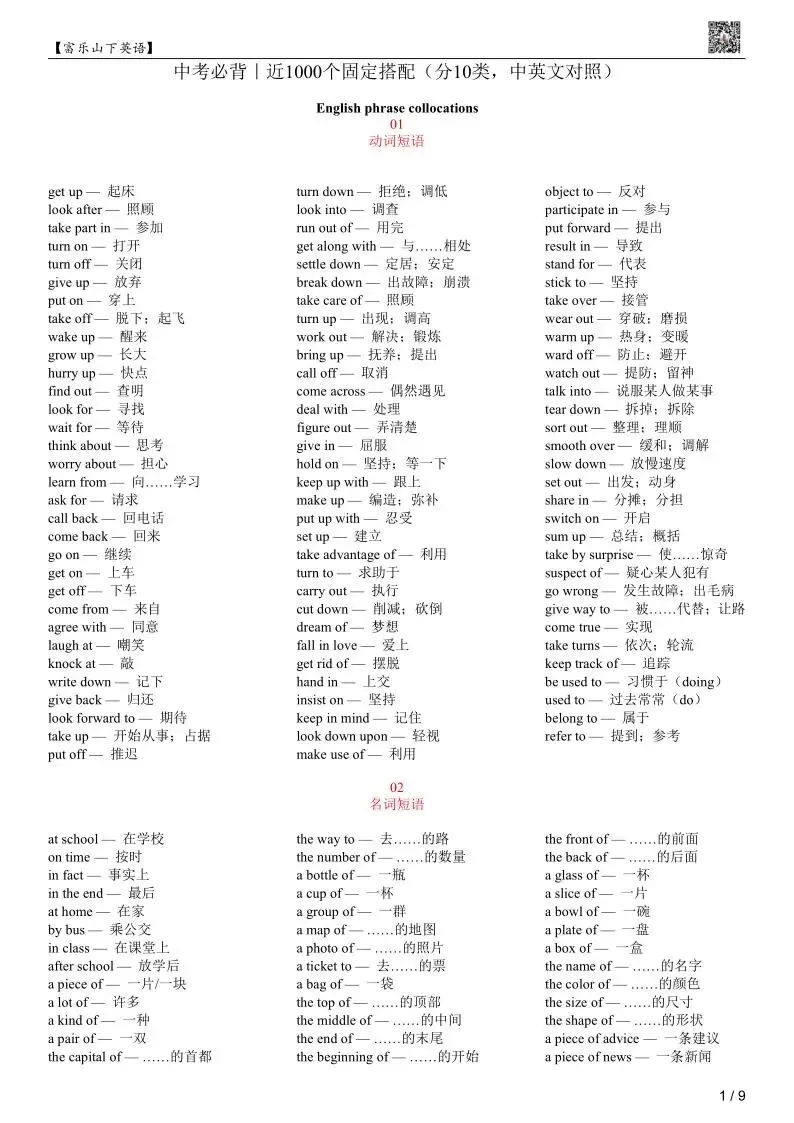 中考必背 近1000个固定搭配(分10类,中英文对照)-第3张图片-四季读书网 中考必背 近1000个固定搭配(分10类,中英文对照)-第3张图片-四季读书网