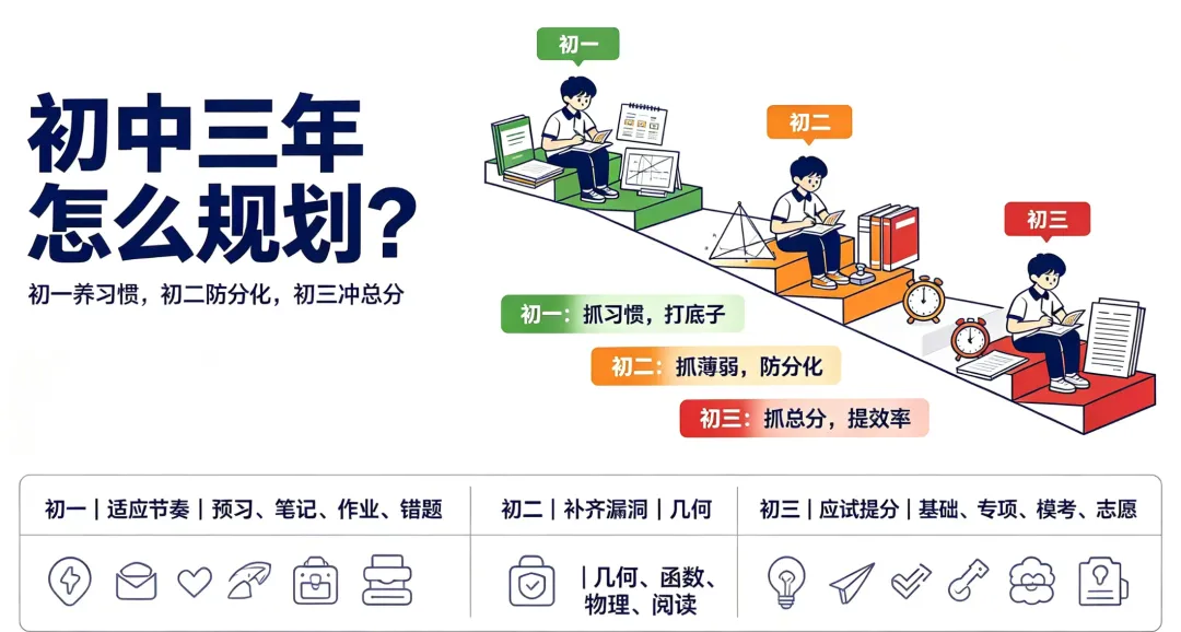 初一养习惯,初二防分化,初三冲总分,一篇文章弄懂初中三年该么规划少走弯路-第1张图片-四季读书网 初一养习惯,初二防分化,初三冲总分,一篇文章弄懂初中三年该么规划少走弯路-第1张图片-四季读书网