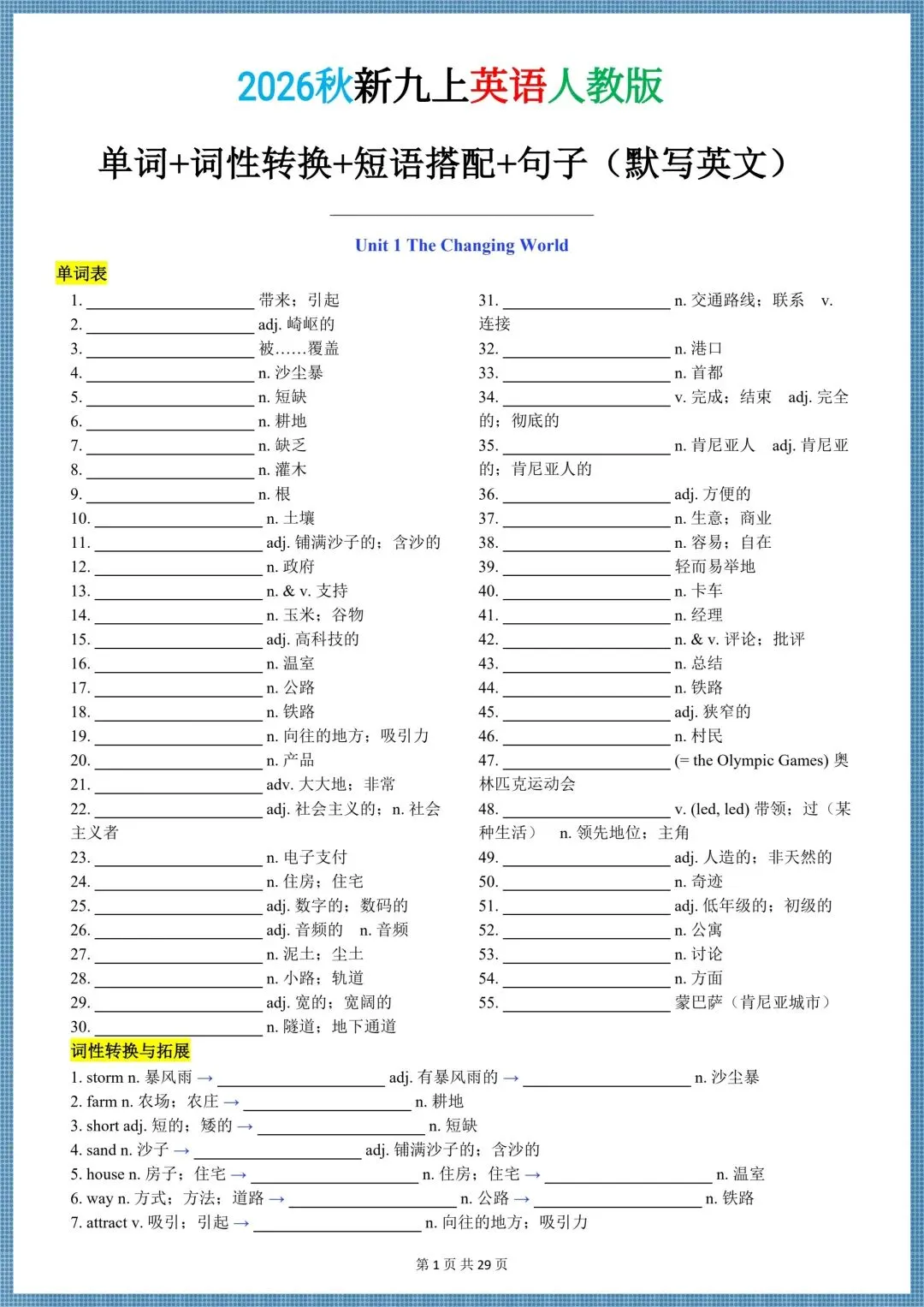 2026 秋新(人教版)初三九年级上册英语《单词+词性转换+短语搭配+句子》(背诵,默写),可打印!-第11张图片-四季读书网