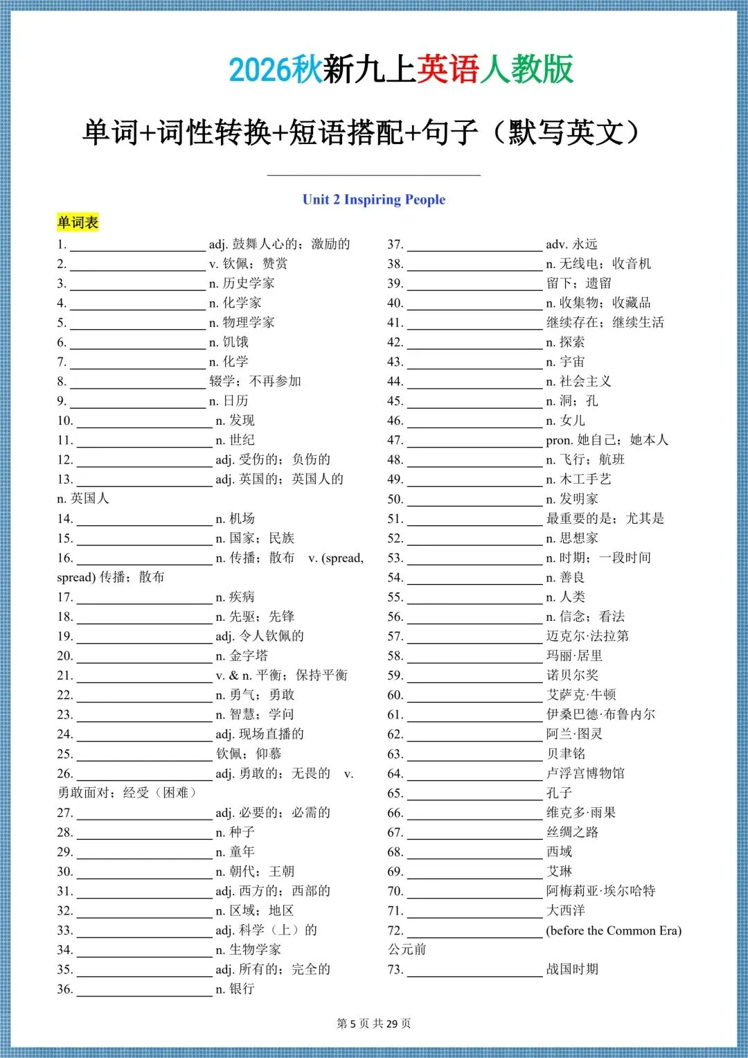 2026 秋新(人教版)初三九年级上册英语《单词+词性转换+短语搭配+句子》(背诵,默写),可打印!-第15张图片-四季读书网
