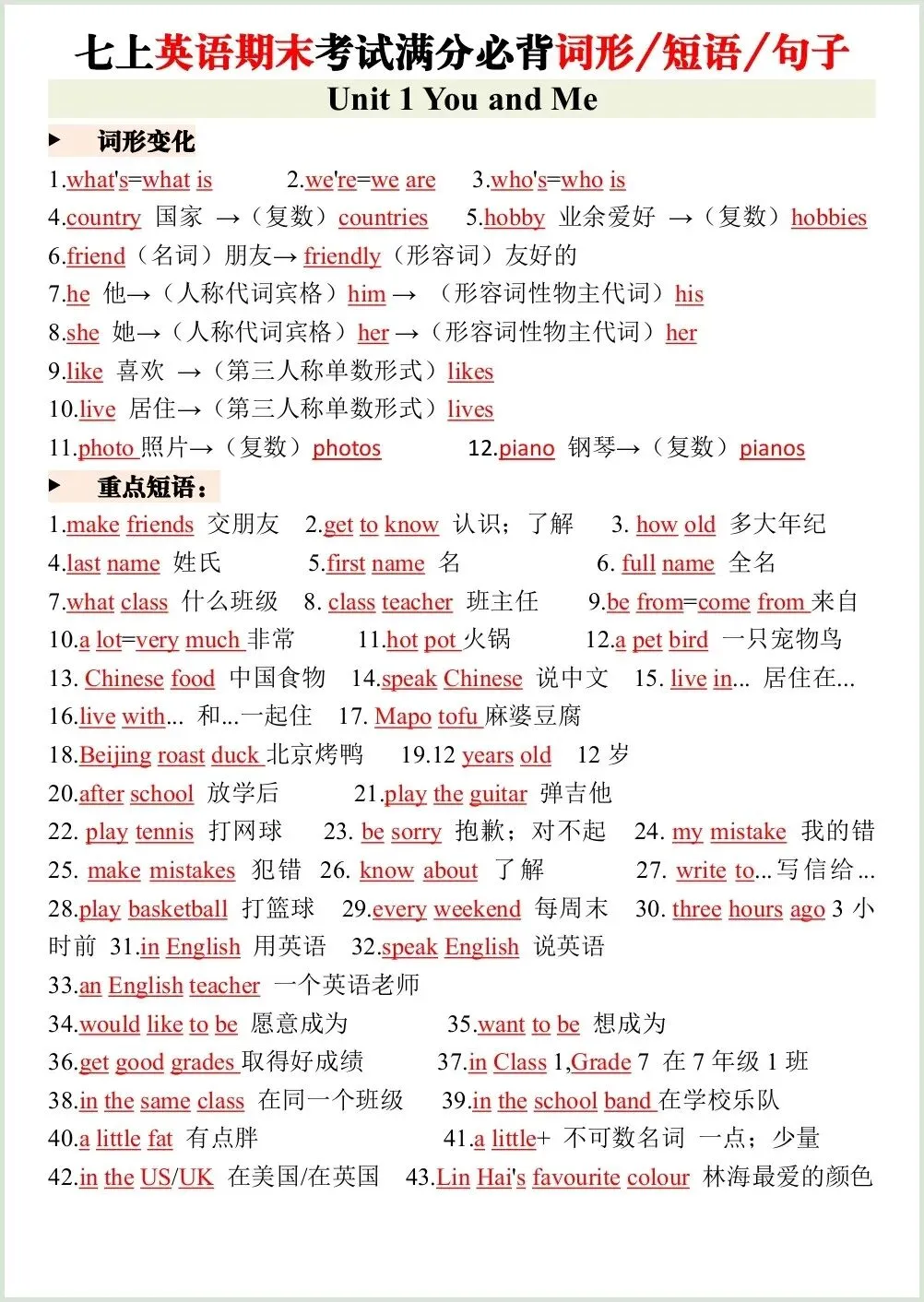 初一新版笔记 2026 七上英语考试满分必背词形+短语+句子梳理 电子打印版!-第4张图片-四季读书网 初一新版笔记 2026 七上英语考试满分必背词形+短语+句子梳理 电子打印版!-第4张图片-四季读书网