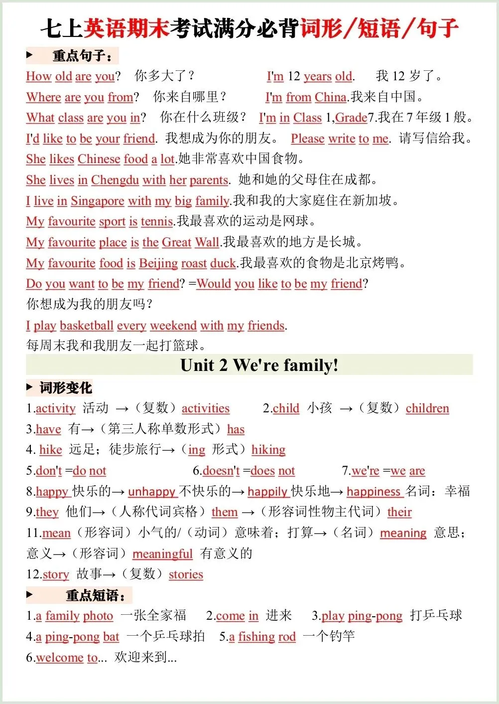 初一新版笔记 2026 七上英语考试满分必背词形+短语+句子梳理 电子打印版!-第5张图片-四季读书网 初一新版笔记 2026 七上英语考试满分必背词形+短语+句子梳理 电子打印版!-第5张图片-四季读书网