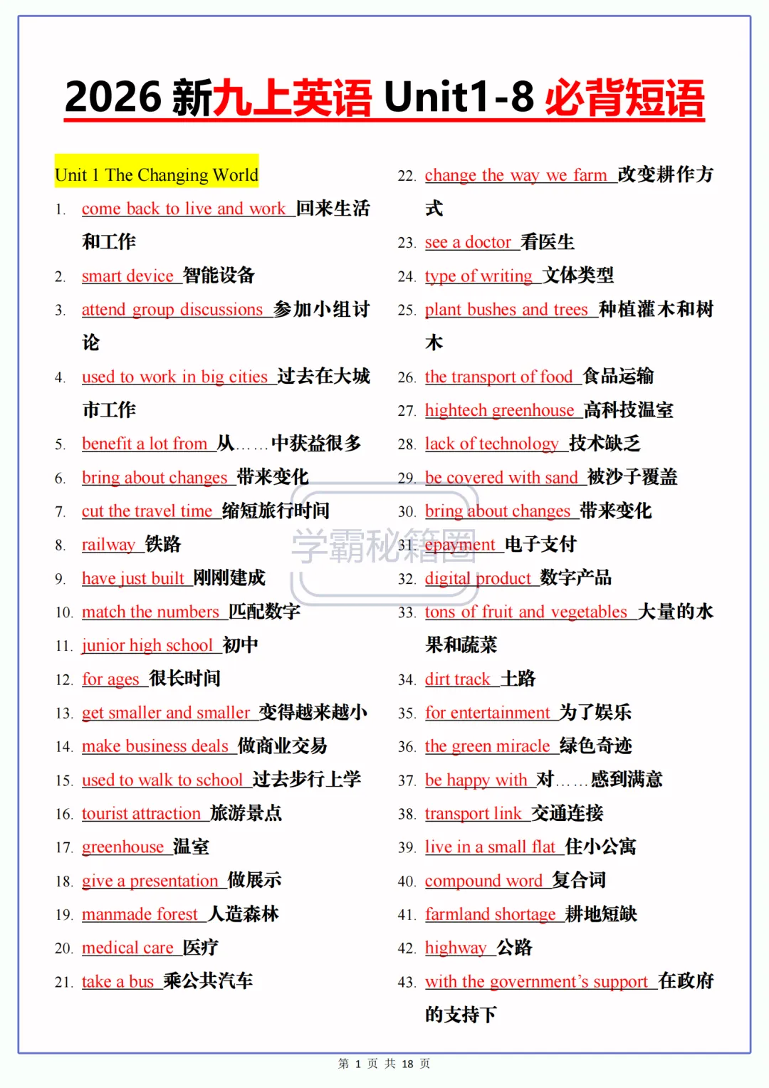 2026秋季初三上册英语(新人教版)Unit1-8必背500个短语-第1张图片-四季读书网