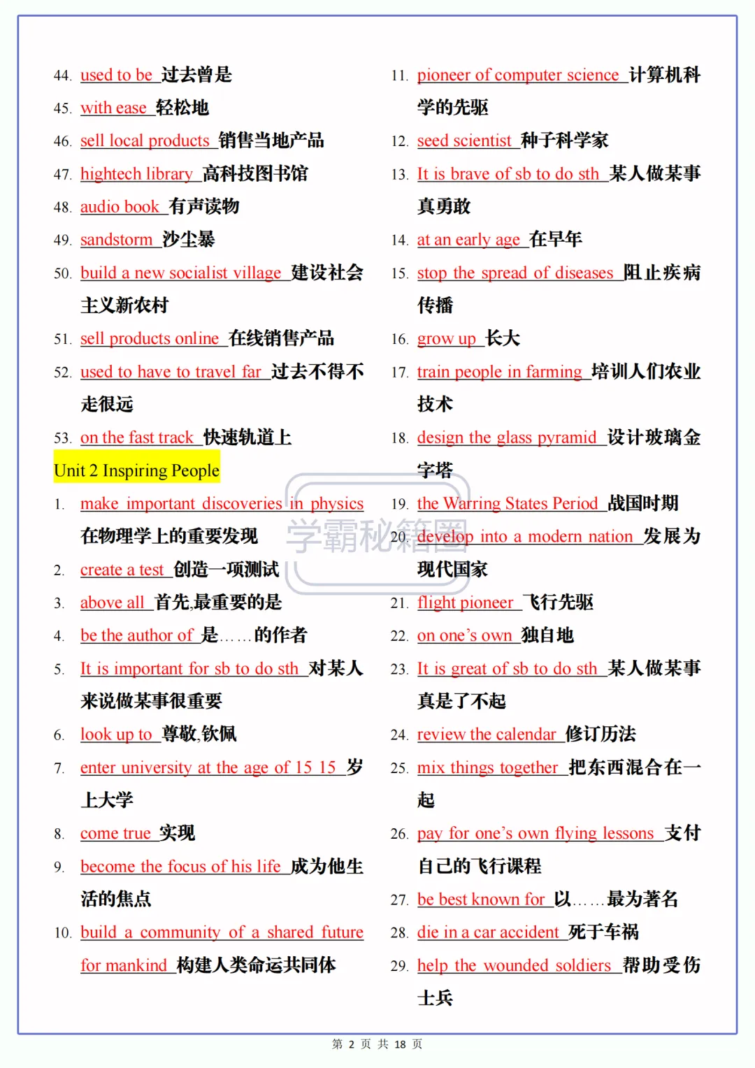 2026秋季初三上册英语(新人教版)Unit1-8必背500个短语-第2张图片-四季读书网