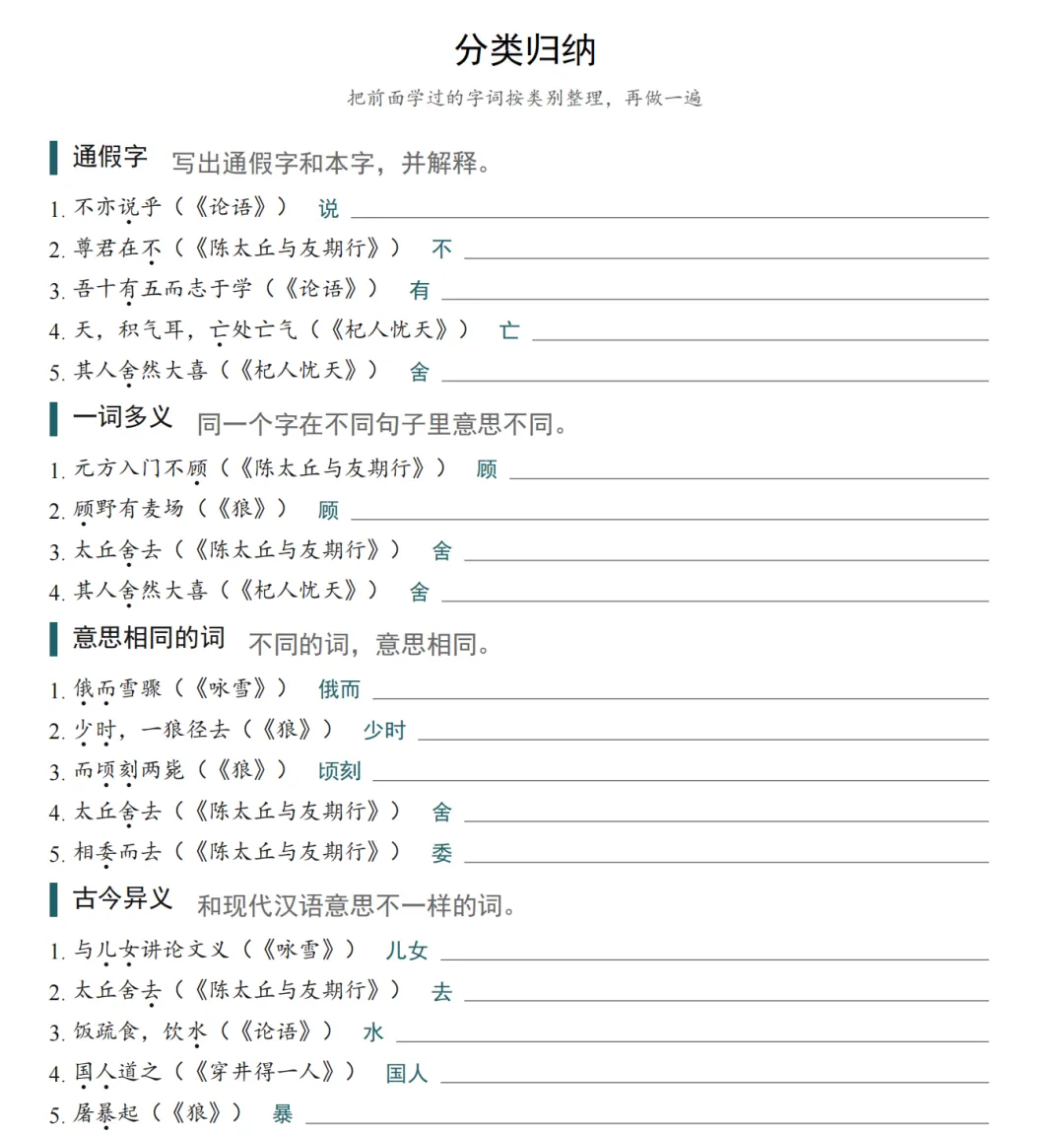 初一文言文字词总是记不住?把课本注释做成填空,一篇一页,考前过一遍-第3张图片-四季读书网 初一文言文字词总是记不住?把课本注释做成填空,一篇一页,考前过一遍-第3张图片-四季读书网