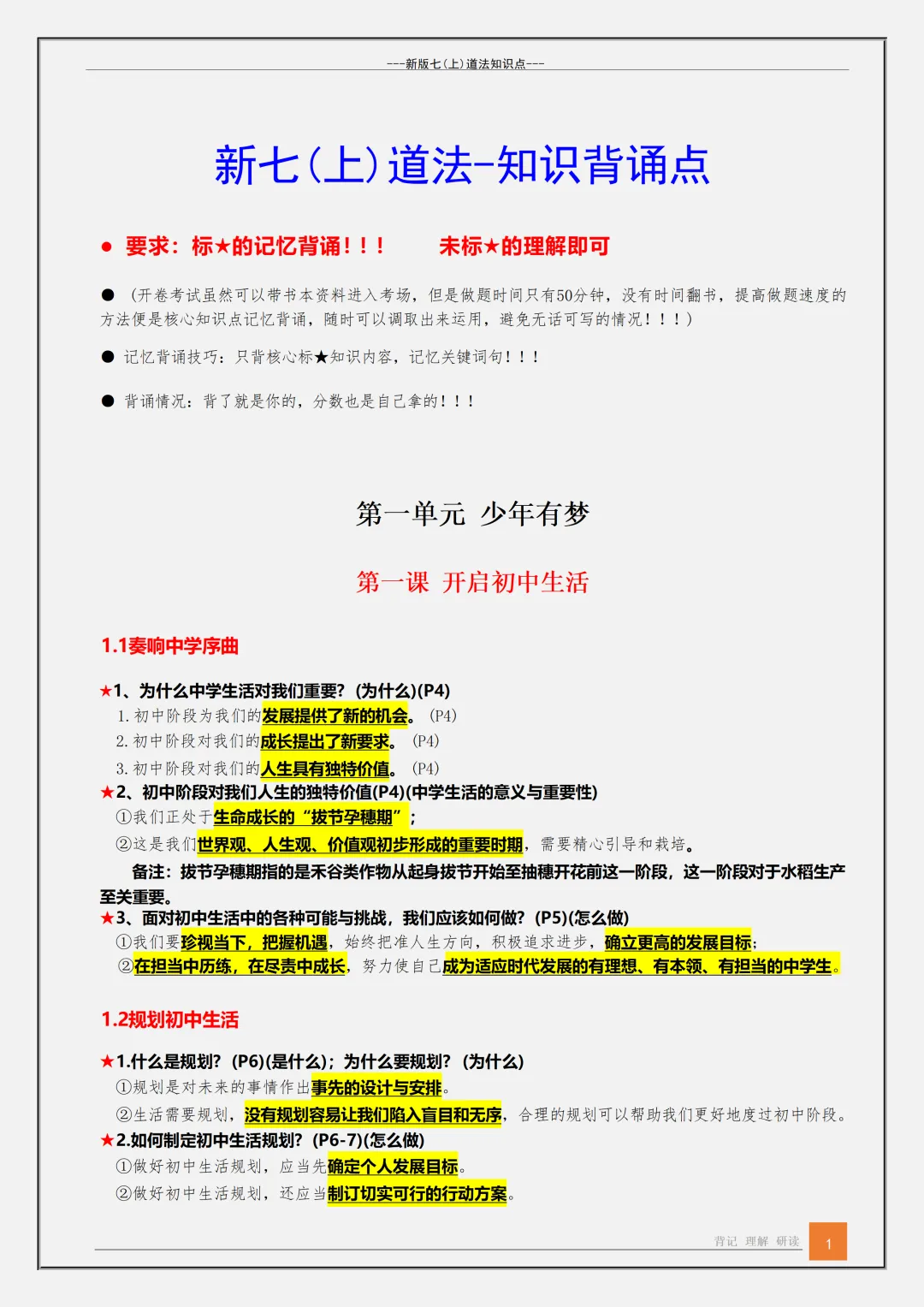 【初一】2026秋七年级上册道法1-13课核心知识背诵点汇总,有高清完整版可打印-第3张图片-四季读书网