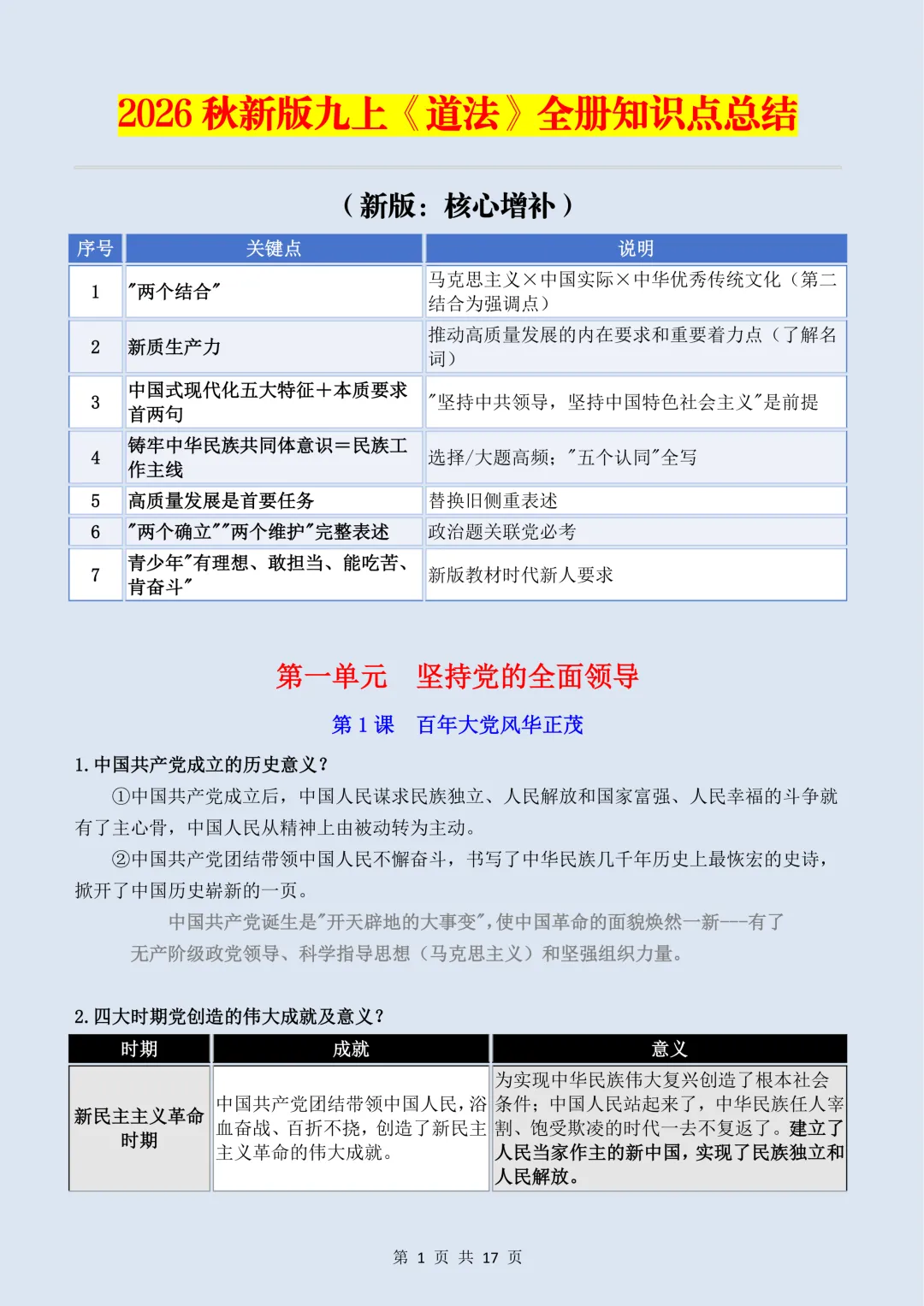 【初三】2026新教材九上道法全册必背基础知识点总结(高清版可打印)-第5张图片-四季读书网