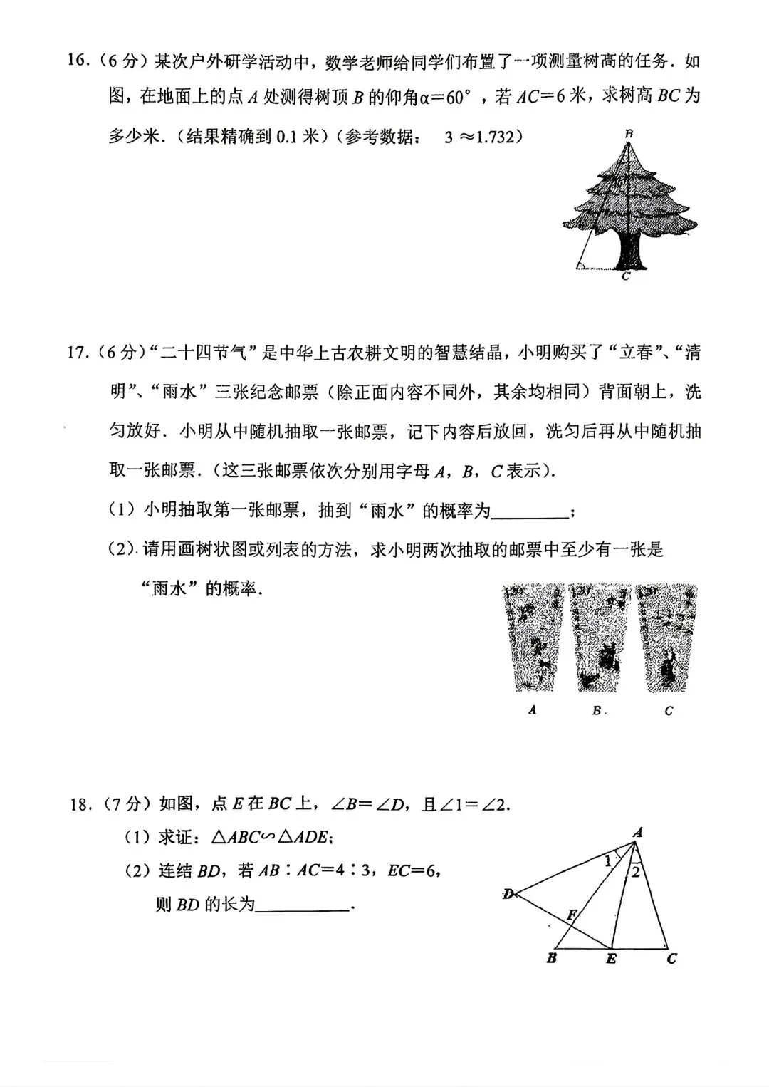 2026年长春市省实验初三第一次月考数学卷+参考答案-第3张图片-四季读书网