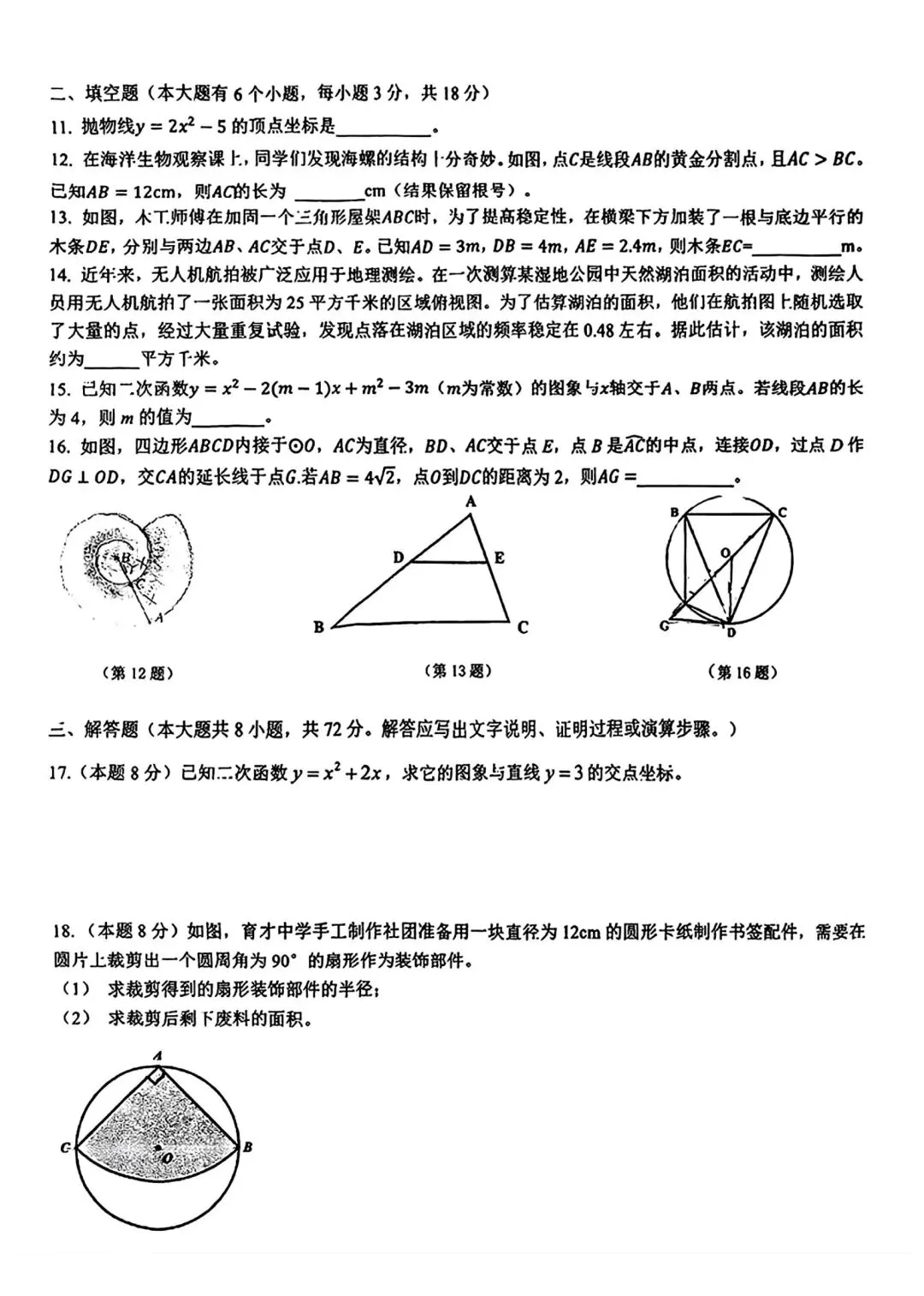 【2026浙江试卷】2026.9杭州市育才中学九上月考数学试卷-第2张图片-四季读书网