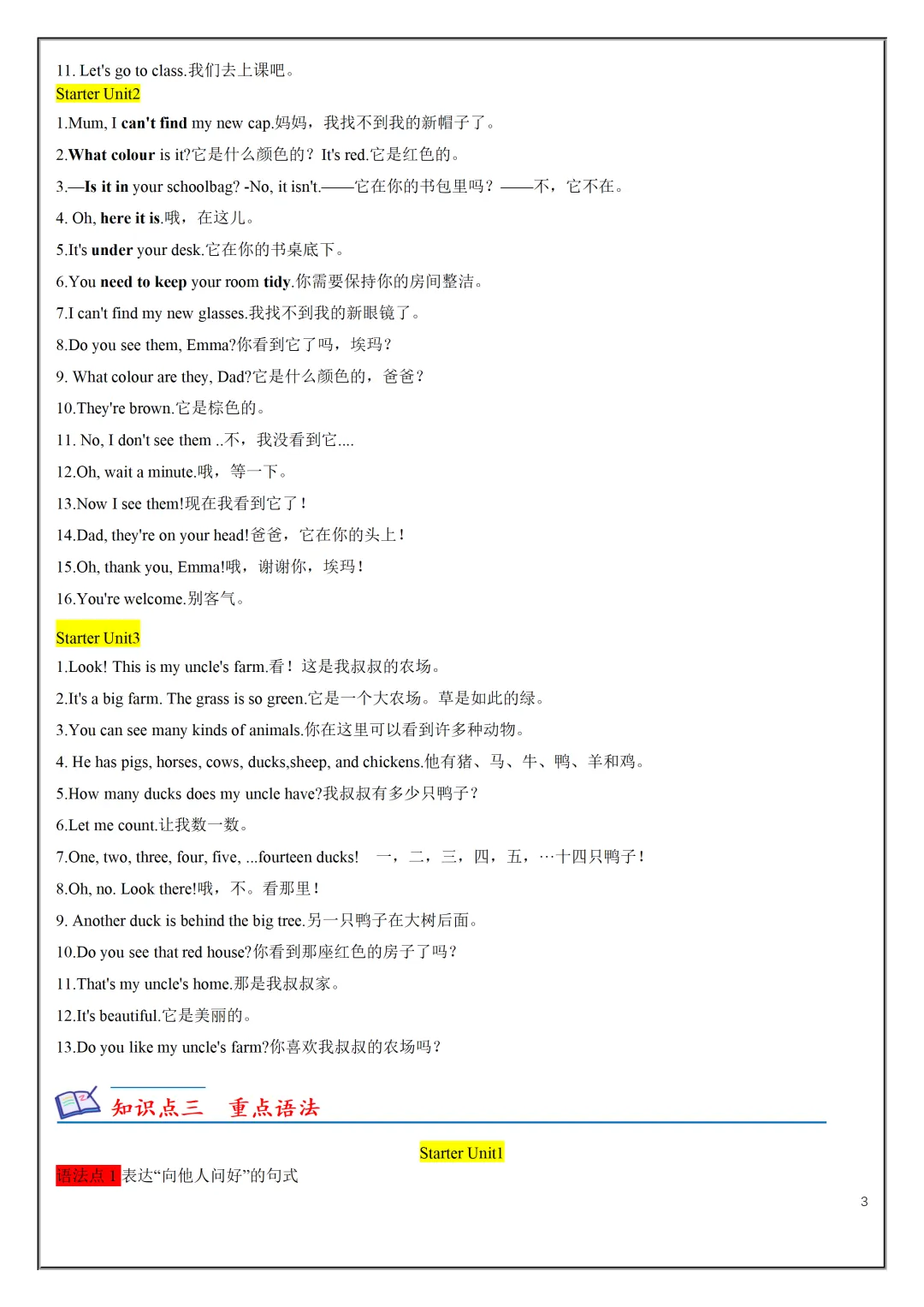 【初一】2026秋七年级上册英语人教版知识点总结(单词短语句式语法)有高清完整版可打印-第5张图片-四季读书网