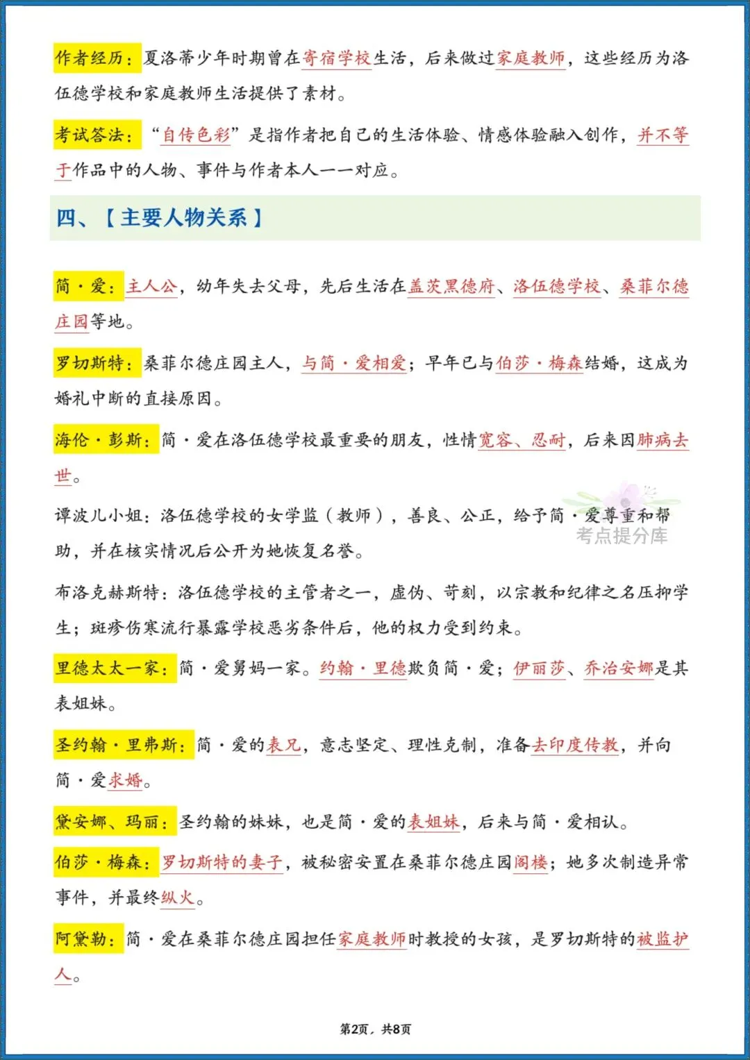 26秋初三 九年级上册语文 名著《简爱》高频考点梳理+分章节练习 附答案 共61页 可打印-第2张图片-四季读书网