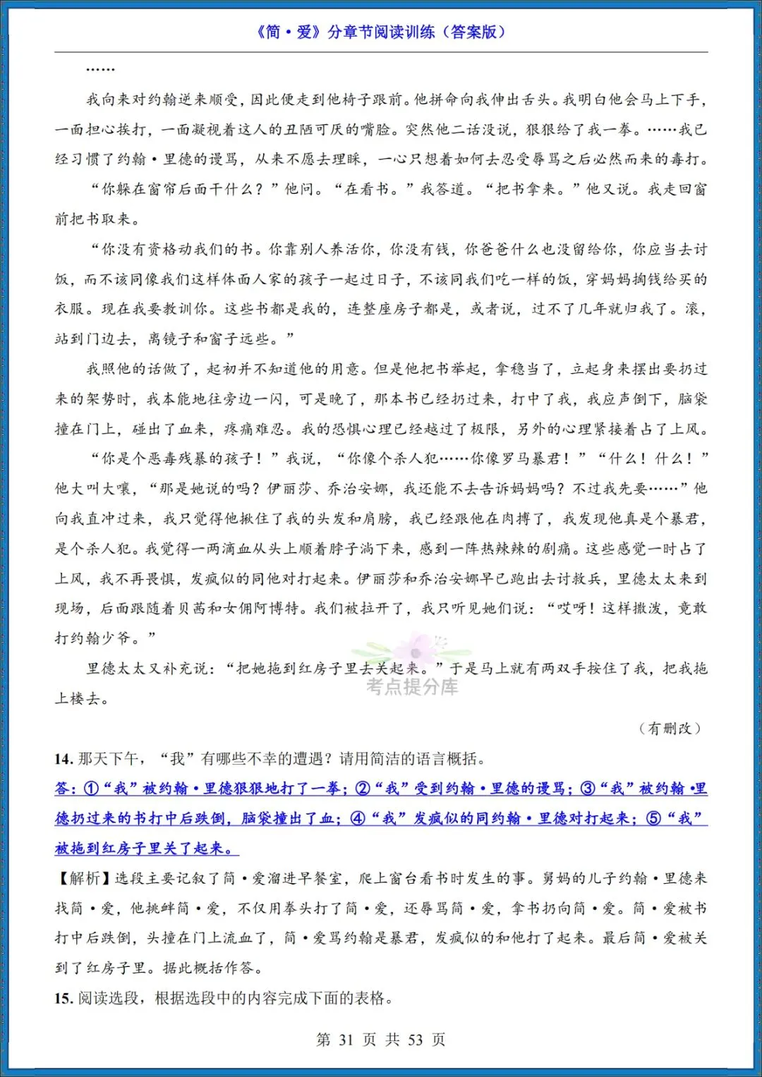 26秋初三 九年级上册语文 名著《简爱》高频考点梳理+分章节练习 附答案 共61页 可打印-第21张图片-四季读书网