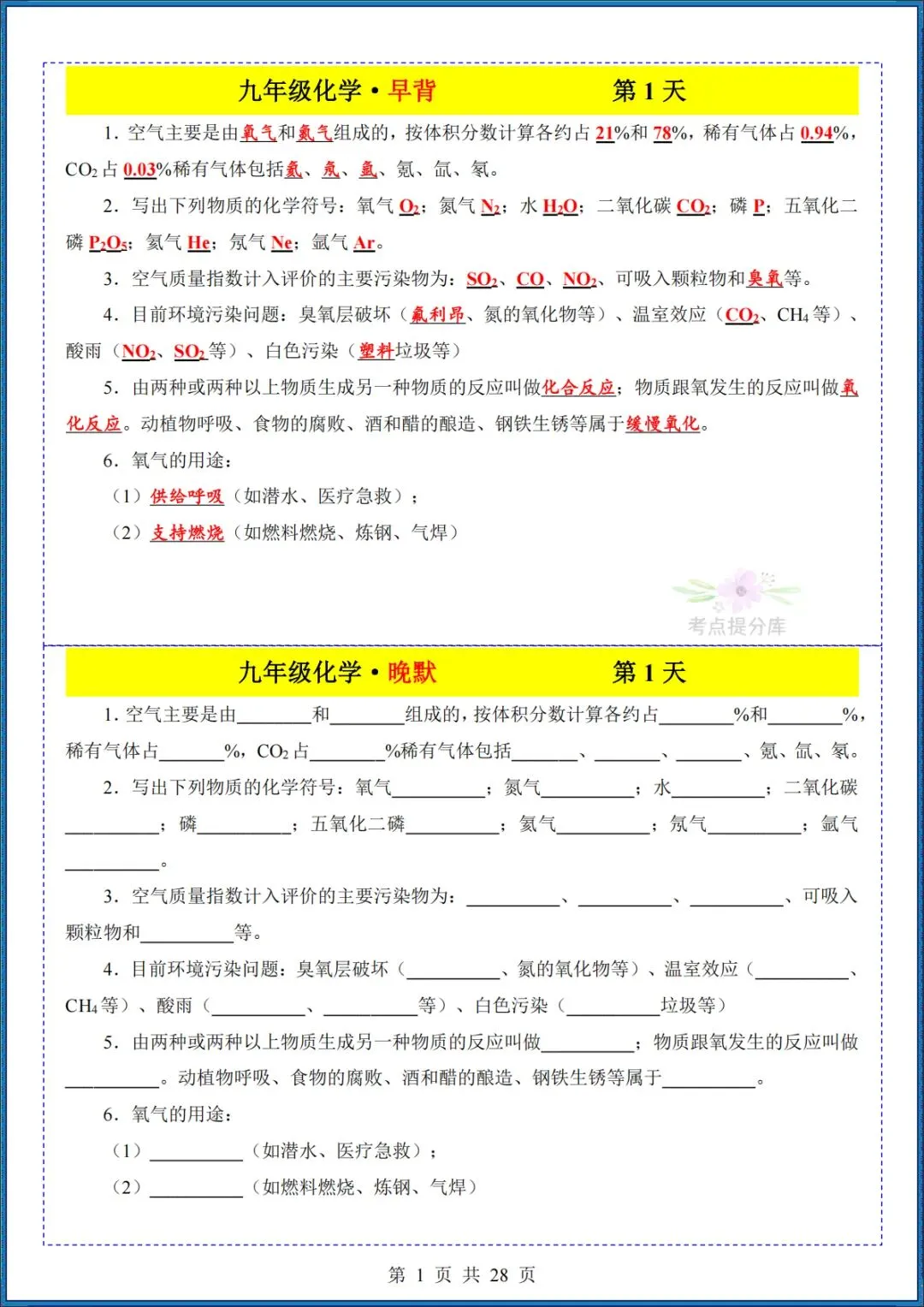 26秋初三 九年级上册化学《知识点早背晚默小纸条》背诵+默写 共28页 可打印-第1张图片-四季读书网 26秋初三 九年级上册化学《知识点早背晚默小纸条》背诵+默写 共28页 可打印-第1张图片-四季读书网