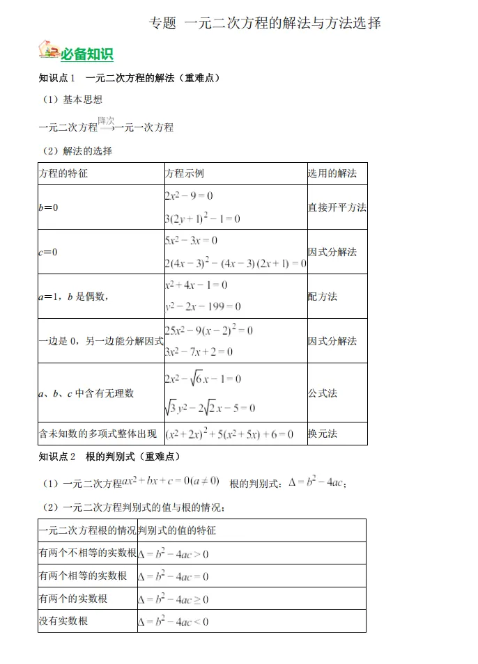 初三数学高频专题:一元二次方程解法选择+判别式+分层训练【电子文档及答案下载见文末】-第1张图片-四季读书网