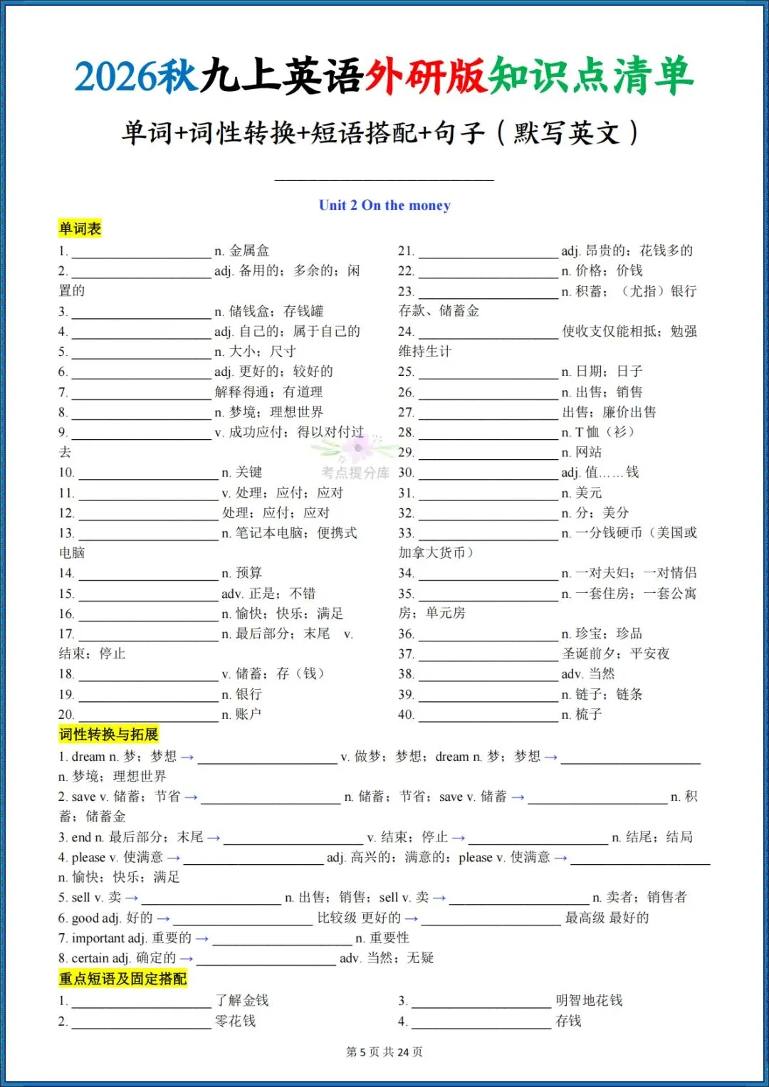 26秋初三新外研版 九年级上册英语《知识点清单》含单词、词性转换、短语搭配、句子(默写英文+默写中文+背诵版)共72页 可打印-第5张图片-四季读书网 26秋初三新外研版 九年级上册英语《知识点清单》含单词、词性转换、短语搭配、句子(默写英文+默写中文+背诵版)共72页 可打印-第5张图片-四季读书网