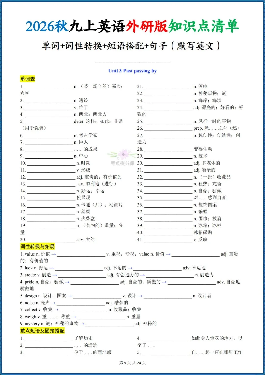 26秋初三新外研版 九年级上册英语《知识点清单》含单词、词性转换、短语搭配、句子(默写英文+默写中文+背诵版)共72页 可打印-第9张图片-四季读书网 26秋初三新外研版 九年级上册英语《知识点清单》含单词、词性转换、短语搭配、句子(默写英文+默写中文+背诵版)共72页 可打印-第9张图片-四季读书网