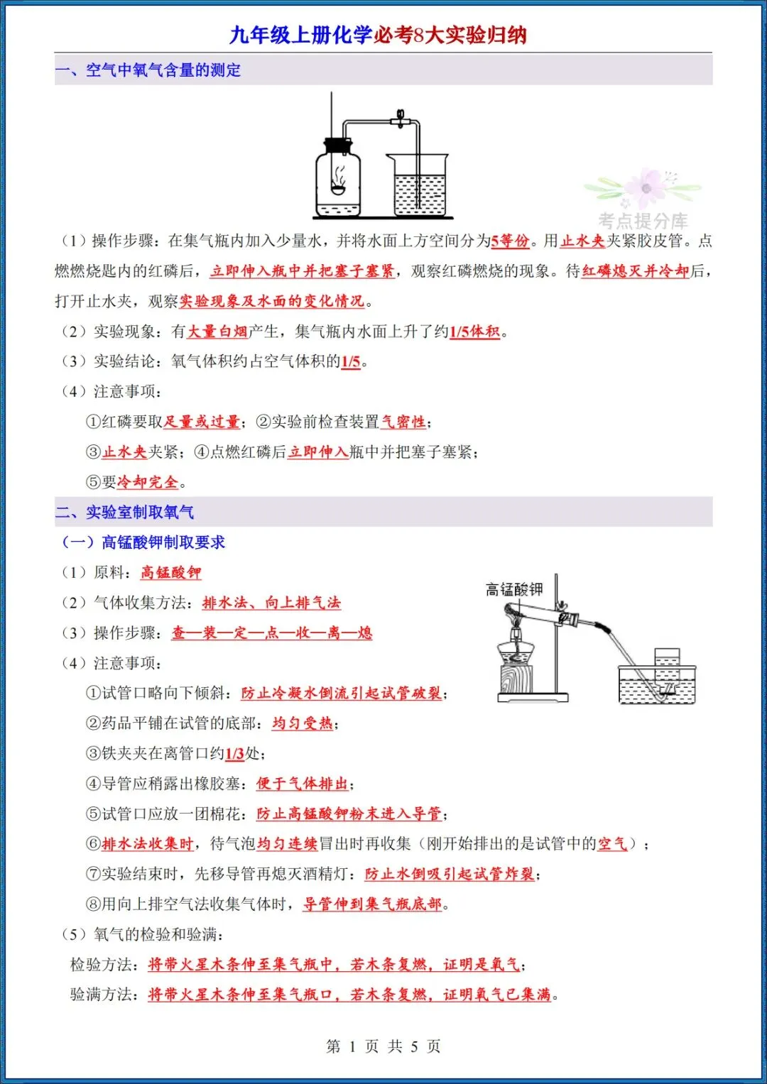 26秋初三 九年级上册化学《实验专题知识点总结》+《必考8大实验归纳》+《元素周期表速记法》 背诵版+默写版 共20页 可打印-第3张图片-四季读书网